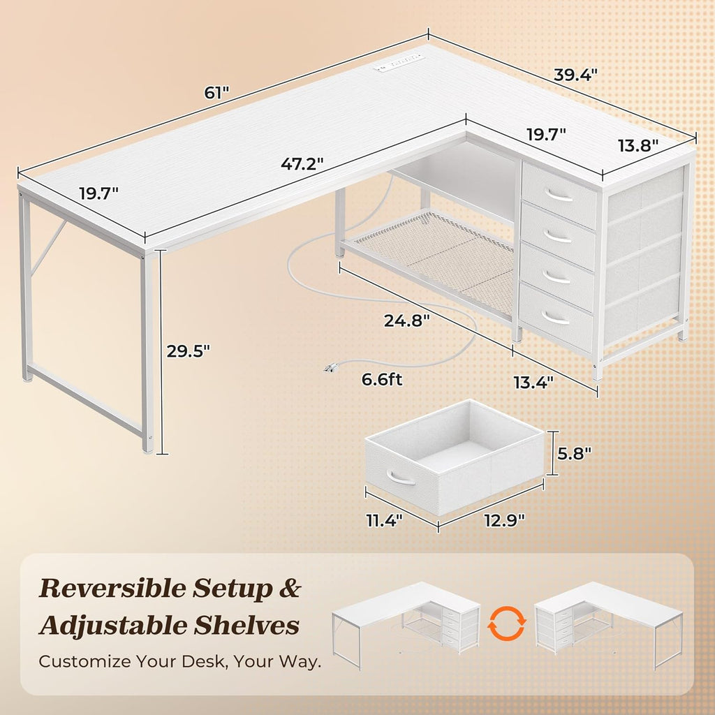 PRAISUN 61' L Shaped Desk with Power Outlets & USB-C Port, Reversible Computer Corner Office Desk with 4 Fabric Drawers and 2 Storage Shelves, Large Desk for Gaming Writing Study, White