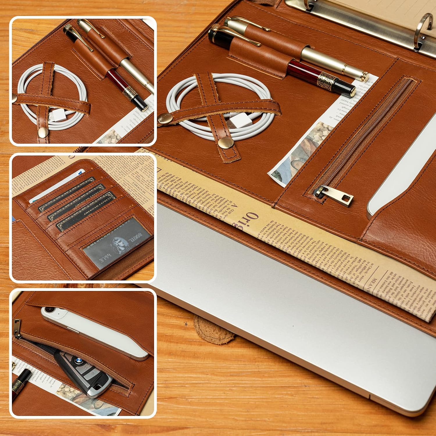 YIWEN Personalized Leather Portfolio with Handle, 3 Ring Binder, Zippered Padfolio for 13' Tablet, 8.5 x 11 Notepad, Professional Business Document Organizer (Brown, Oil Wax Leather)
