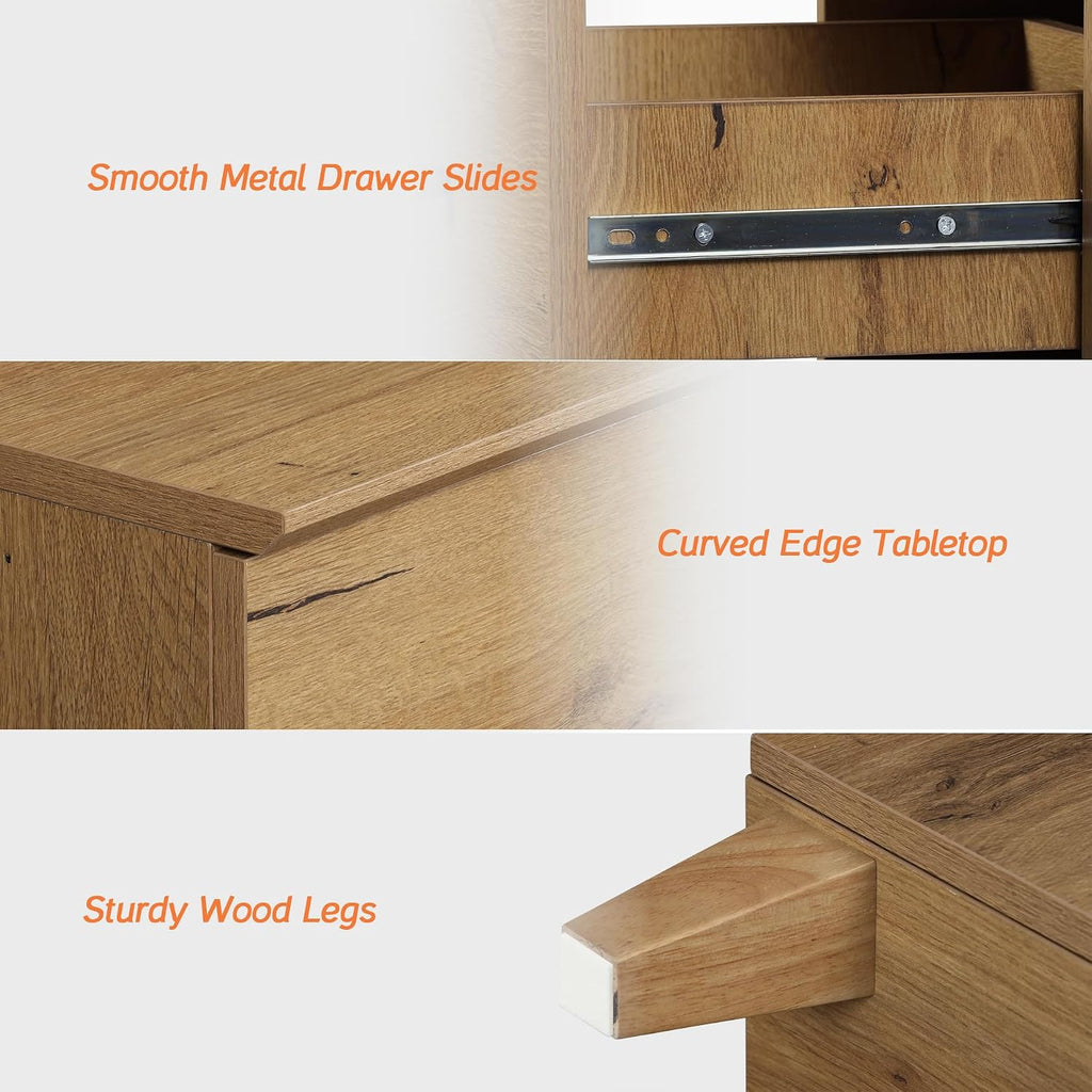 WAMPAT TV Stand with 6 Drawers for 55 Inches TVs & Set of 2 End Tables with 2 Drawers and Charging Station for Bedroom, 3 Pieces Modern Wood Living Room Funiture Table Sets, Oak Brown