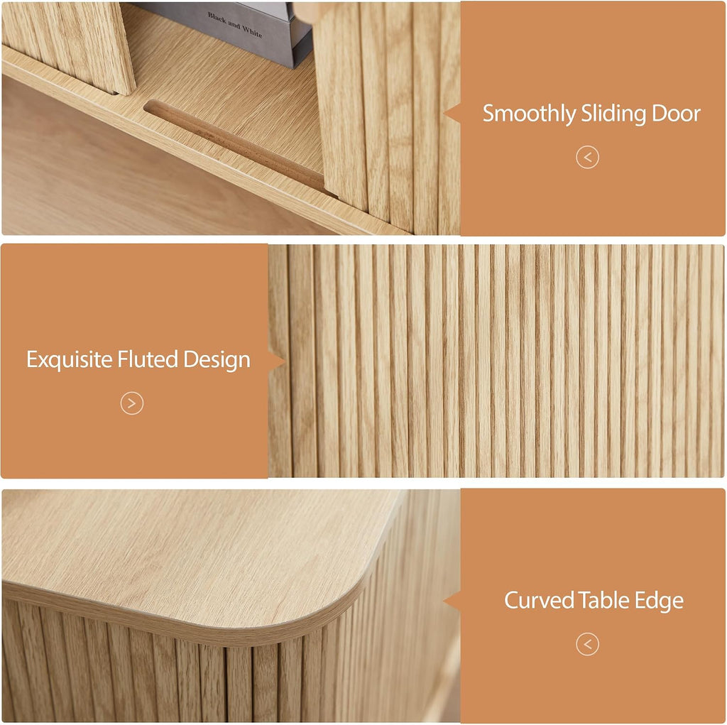 End Table with Charging Station, 24' Fluted Night Stands with Sliding Door, Farmhouse Large Wooden Side Table with Storage for Bedroom Living (Square, Natural)