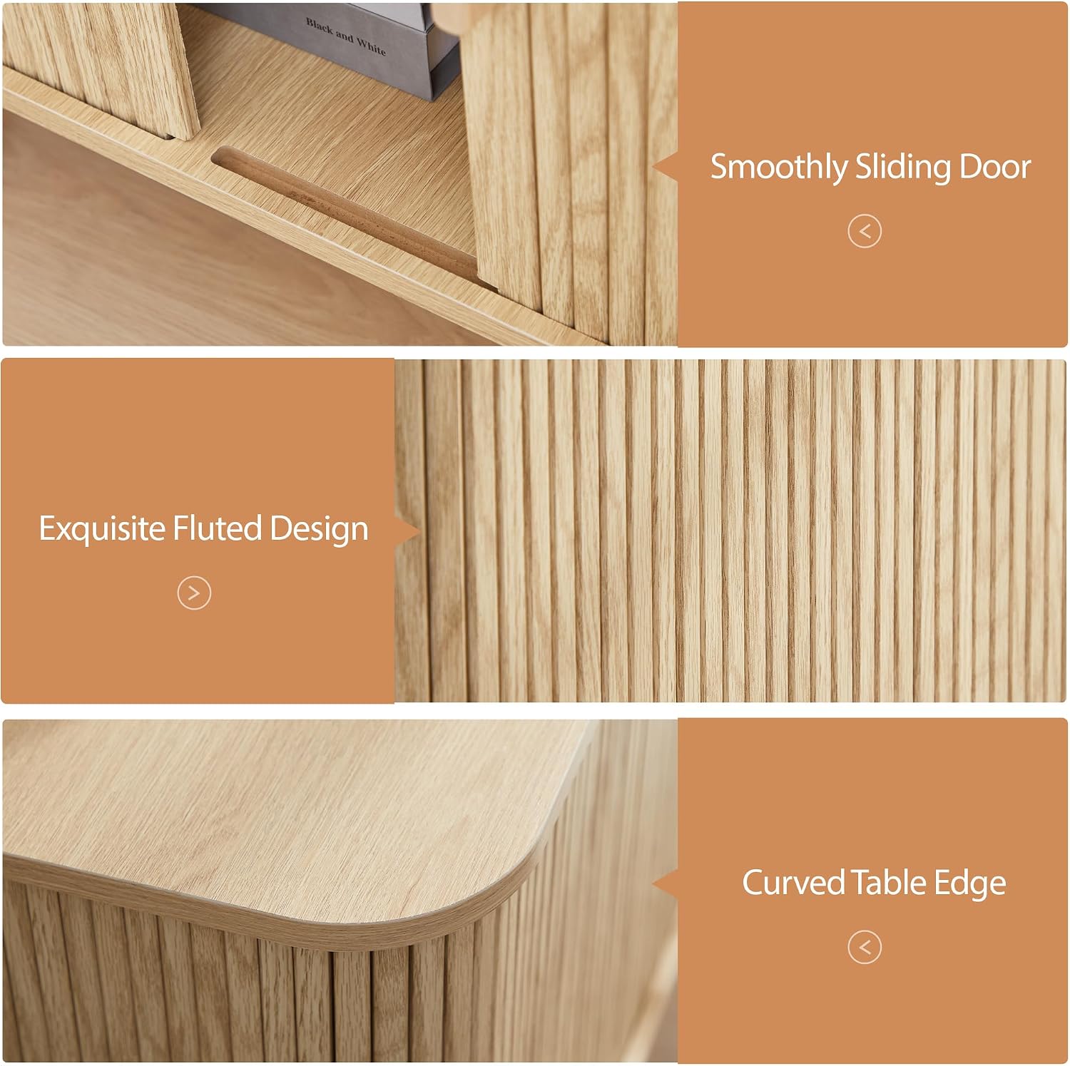 End Table with Charging Station, 24' Fluted Night Stands with Sliding Door, Farmhouse Large Wooden Side Table with Storage for Bedroom Living (Square, Natural)
