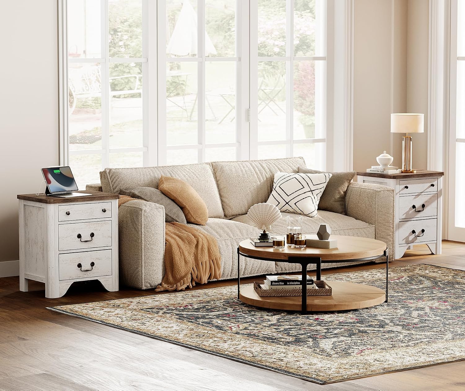 WAMPAT Farmhouse Nightstands Set of 2, 20.5 Inch End Table with Charging Station, Wooden Side Table with 3 Drawers, White End Table Side Table for Bedroom, Living Room, Sofa, Couch, Office