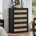 LEYAOYAO Rattan Dresser for Bedroom, 41' Tall Dressers Chest of Drawers, Boho Small Dressers with 5 Drawers, Black Dresser Wooden Closet Organizer for Living Room, Hallway