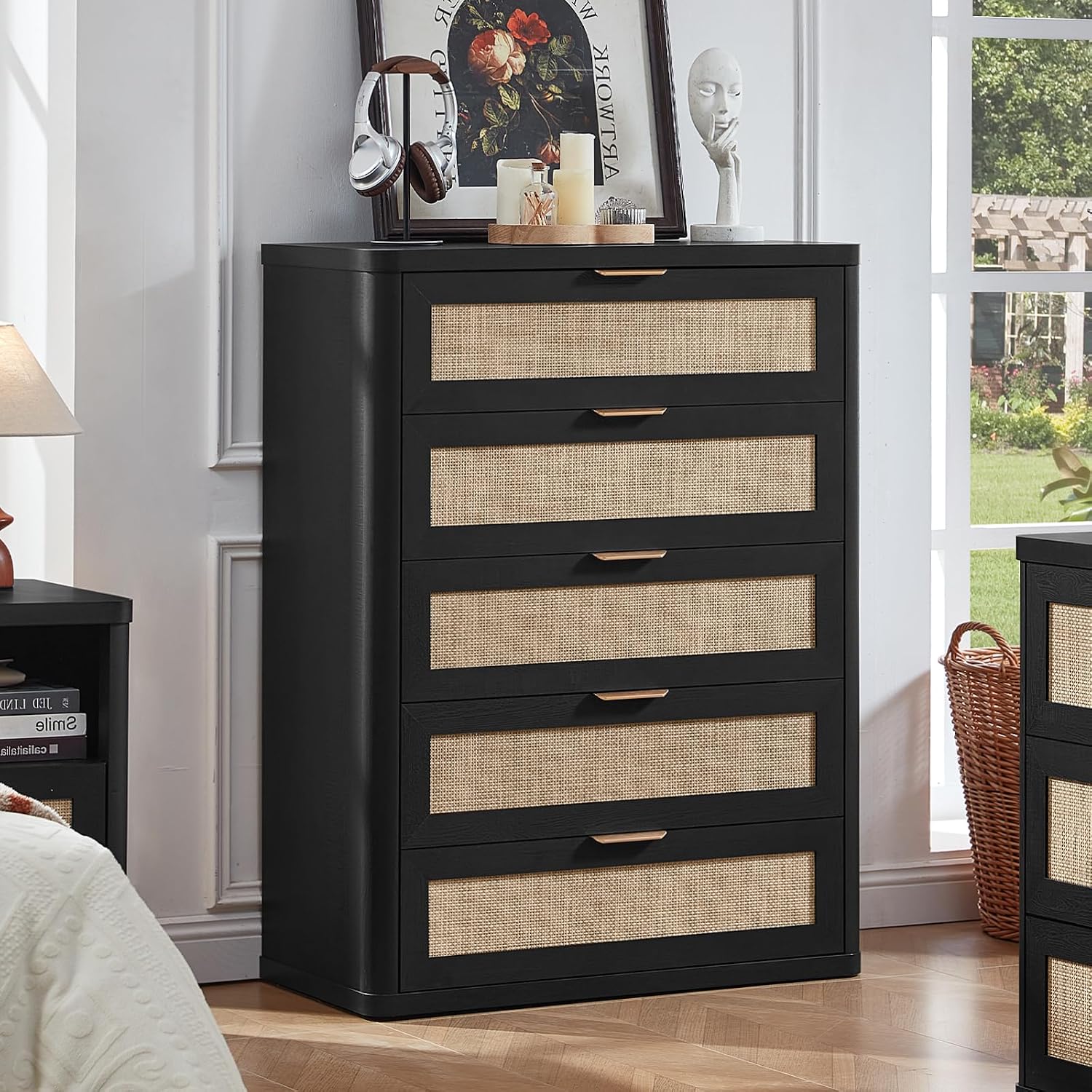 LEYAOYAO Rattan Dresser for Bedroom, 41' Tall Dressers Chest of Drawers, Boho Small Dressers with 5 Drawers, Black Dresser Wooden Closet Organizer for Living Room, Hallway