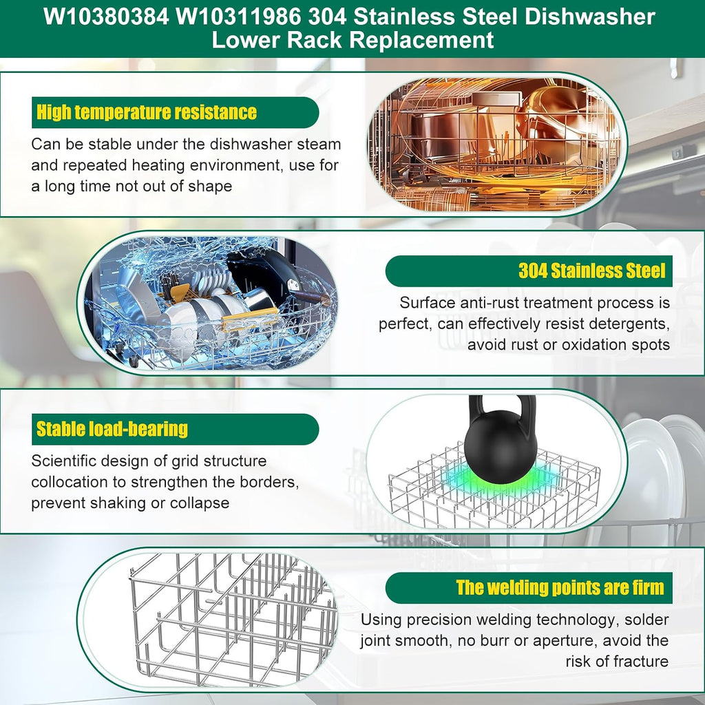 Upgraded 304 Stainless Steel W10311986 W10380384 Dishwasher Lower Rack Replacement for Whirlpool Dishwasher Bottom Rack 300563, DU911PCDQO with WP3376961 Wheels