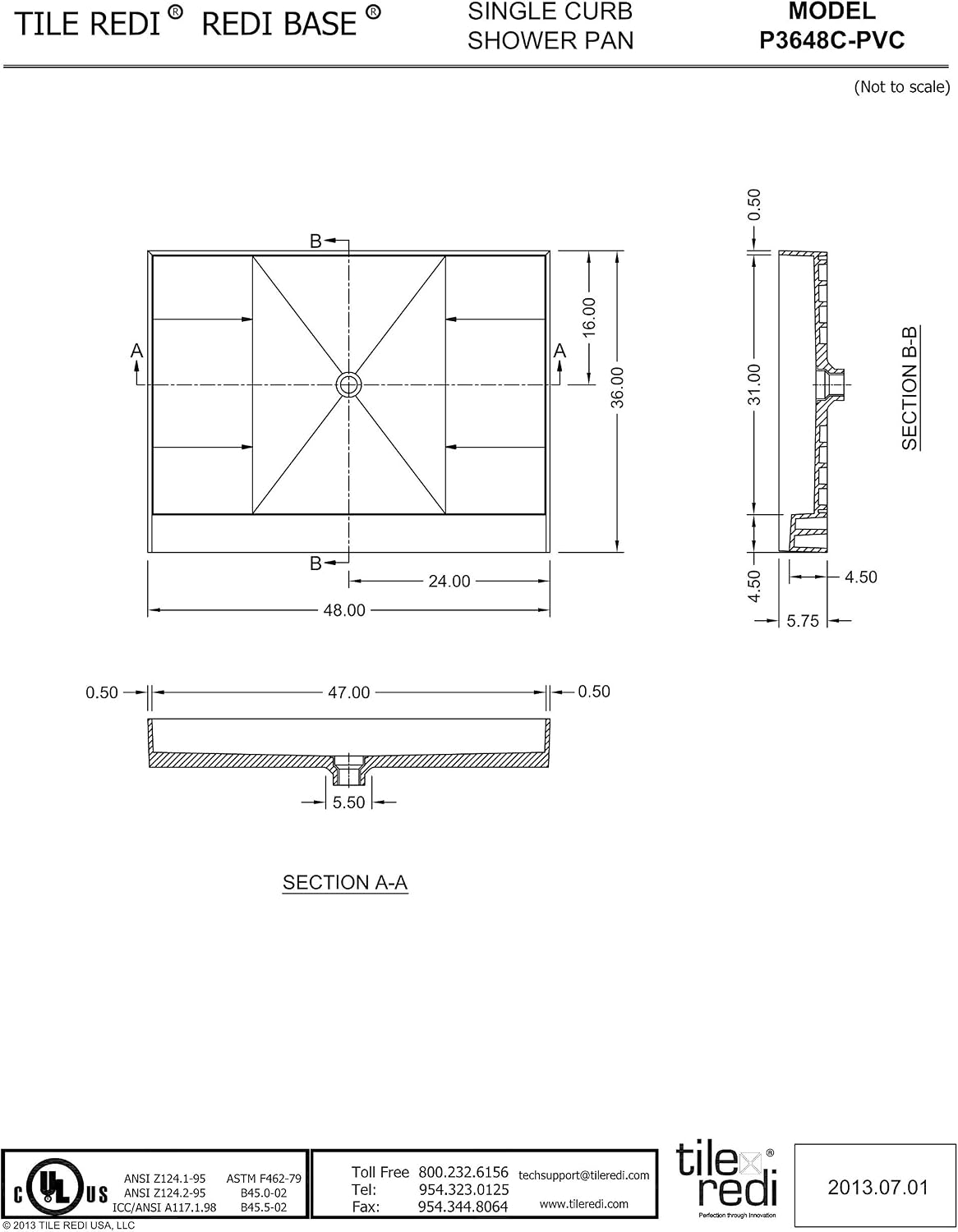Tile Redi P3648C-PVC Shower Pan with Center Drain- Single Curb Shower Base, 2' PVC Drain, and Plate Included, 48' Width x 36' Depth