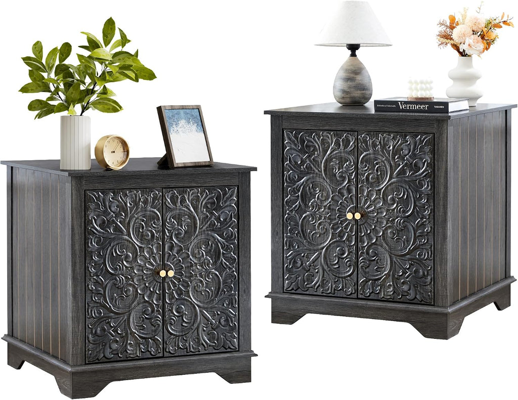 weselon End Table Set of 2, 24' Farmhouse Nightstand with Carved Floral Door & Adjustable Shelf, Square Wooden Sofa Side Table with Storage for Living Room Bedroom (Antique Black-Brown)