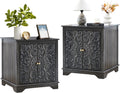 weselon End Table Set of 2, 24' Farmhouse Nightstand with Carved Floral Door & Adjustable Shelf, Square Wooden Sofa Side Table with Storage for Living Room Bedroom (Antique Black-Brown)