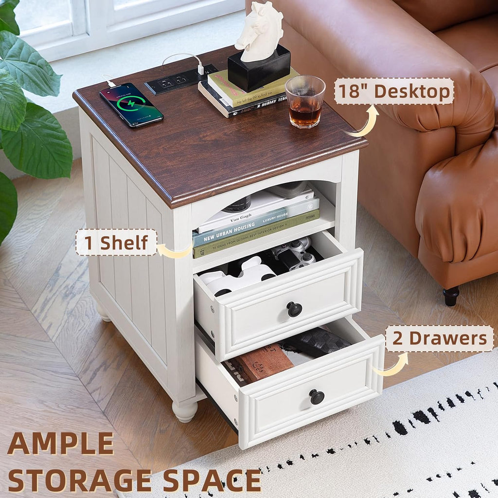 RWYHG 18' Farmhouse Night Stands Set of 2 with Charging Station, Wooden Nightstand with 2 Drawers, Bedside End Table with Storage, Bed Side Tables Cabinet for Bedroom, Living Room, and Closet(White)