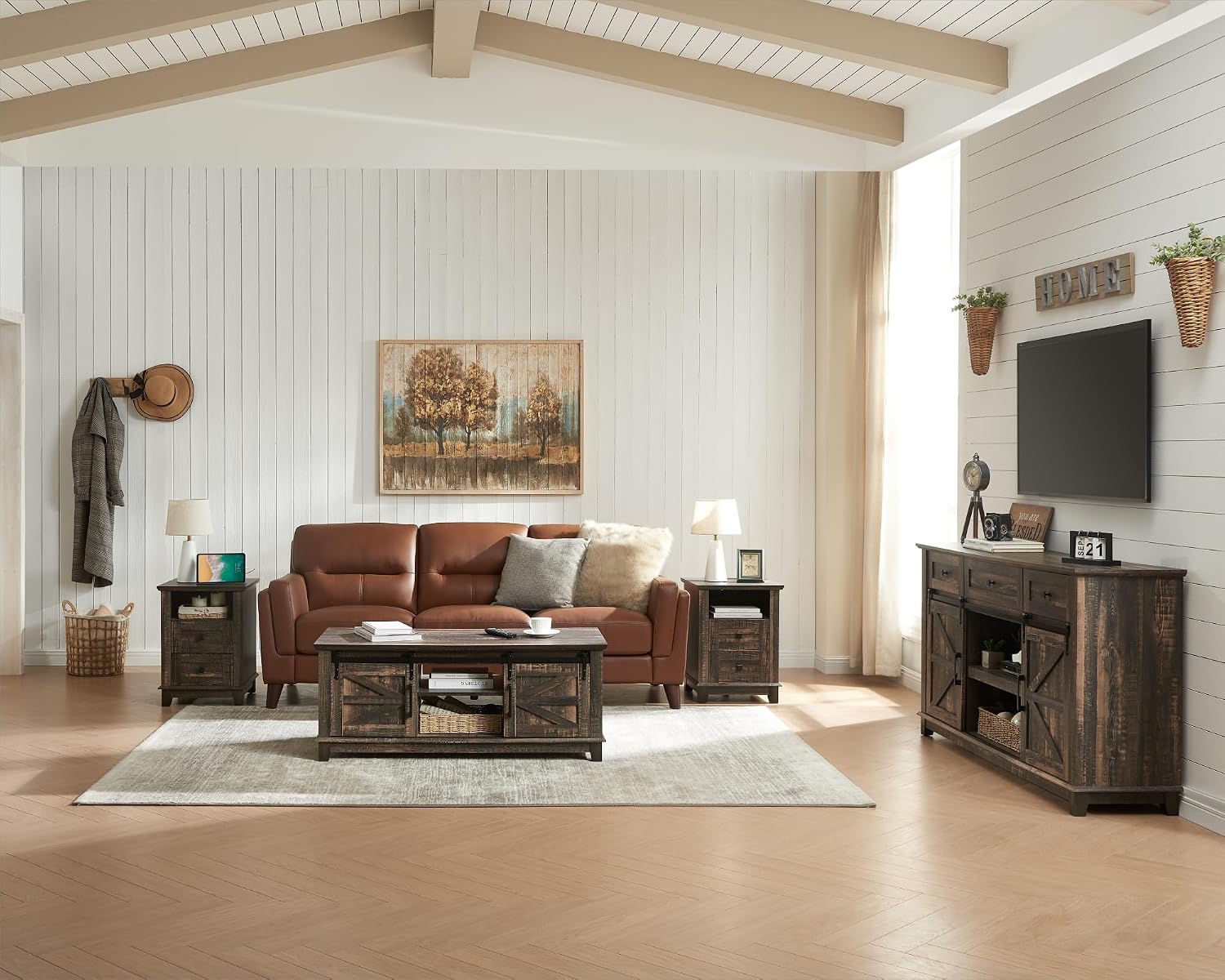 AMERLIFE 4-Piece Farmhouse Furniture Set: Sliding Barn Door TV Stand, Coffee Table, and Two End Tables with Charging Station for Living Room, Bedroom, Rustic Oak Black