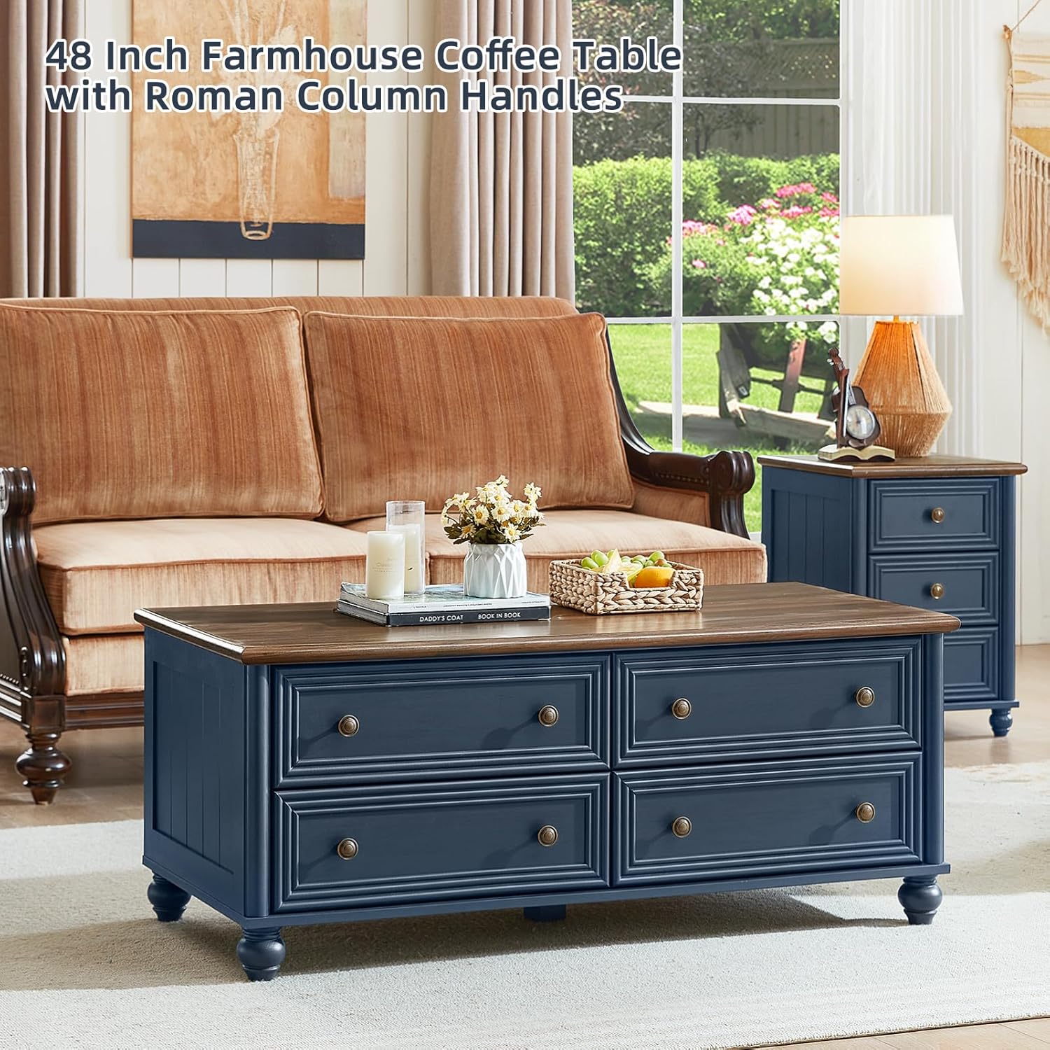 RWYHG Farmhouse Coffee and end Tables 3-Piece Set,Wood 48' Center Table with 4 Drawers,Large Sofa Side Table with Charging Station & with Glass Barn Door Storage for Home Living Room Hallway,Blue