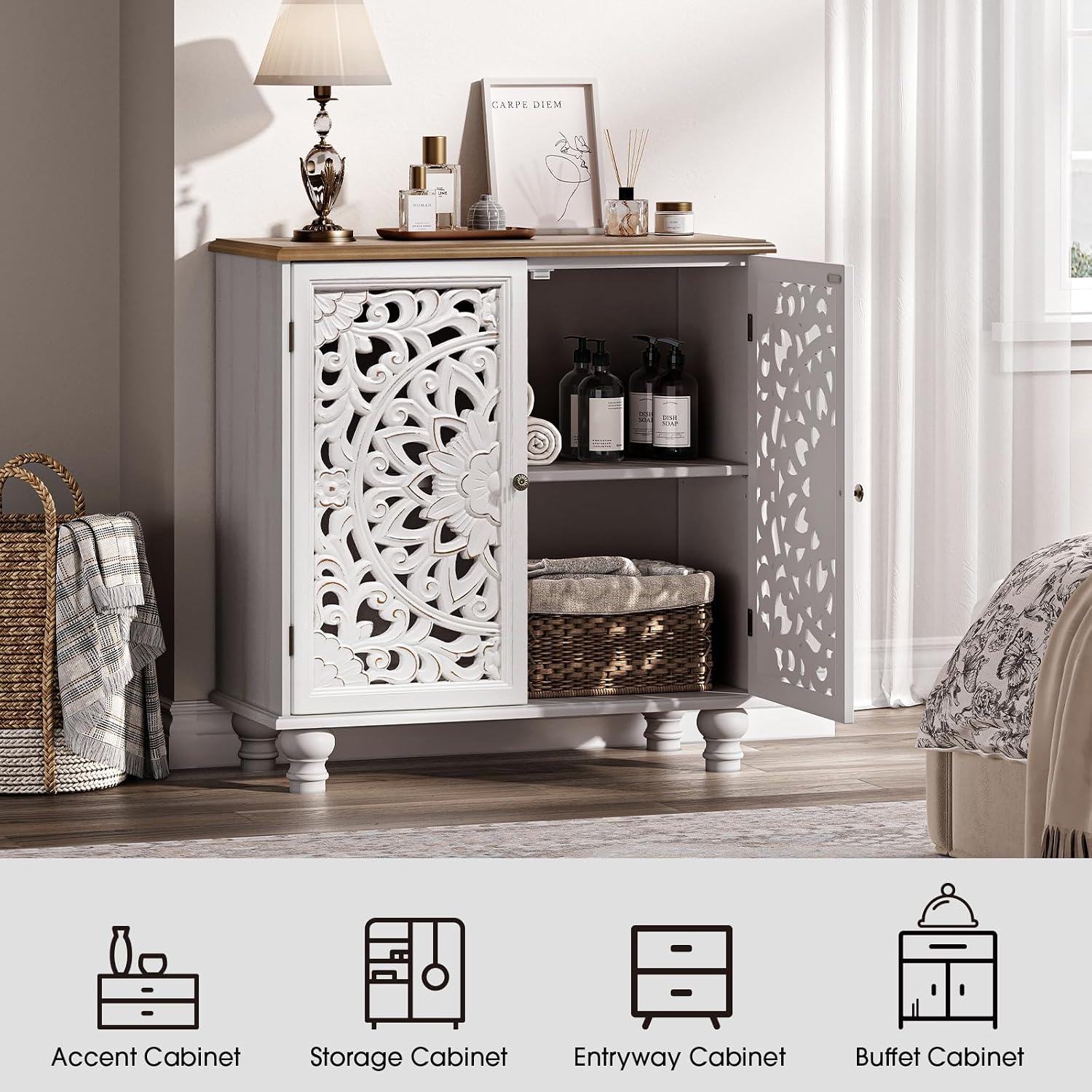 JOINICE White Accent Cabinet with Walnut Finish Top, 31' Farmhouse Storage Cabinet with Carved Doors for Living Room, Sideboard Buffet for Dining Room, Solid Wood Legs