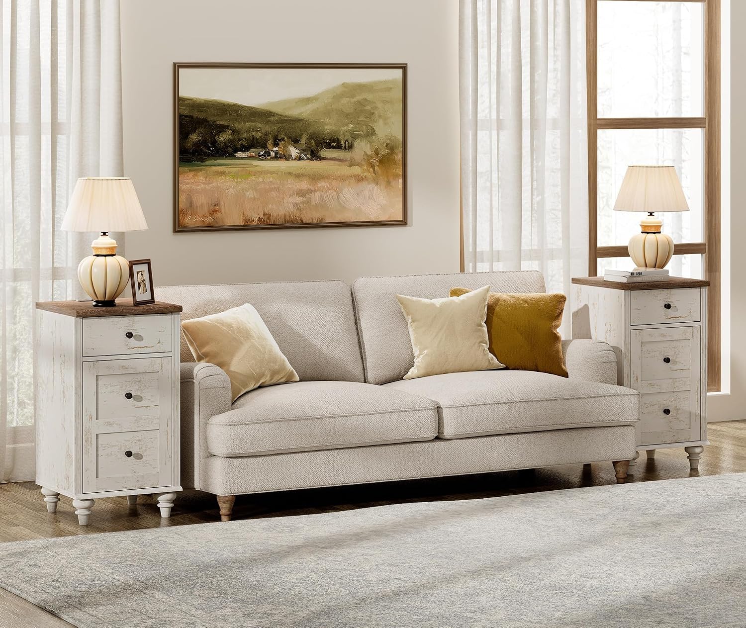 WAMPAT Set of 2 End Table with Charging Station, Wood Nightstands with Drawer and Storage Cabinet, Modern Side Tables Living Room, Farmhouse Night Stands Bedside Table for Bedroom, Rustic White