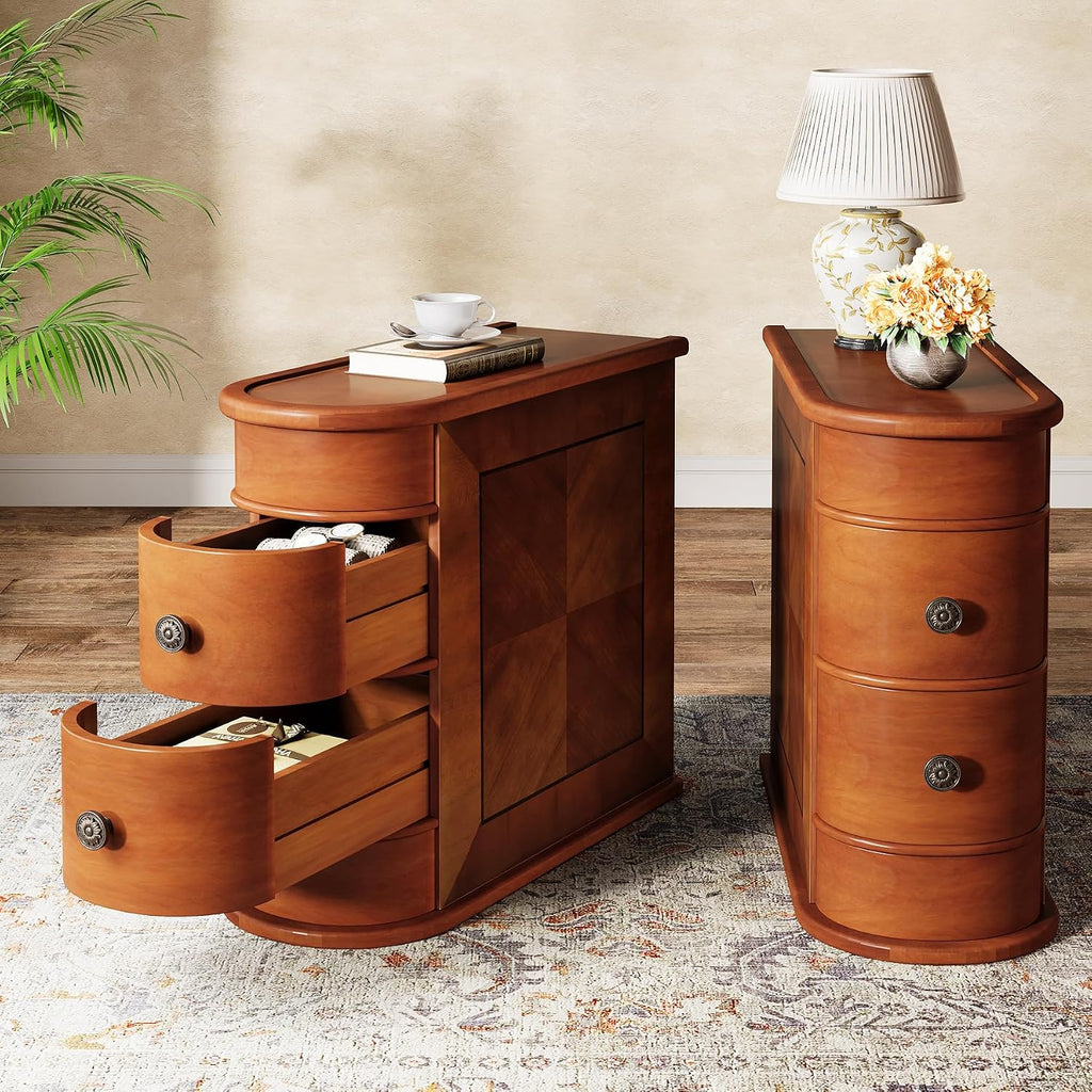 Tribesigns End Table with 2 Drawers, Sofa Side Table with Storage, No Assembly Required, Closed Back, Slim Nightstand Vintage Wood Chairside Bedside Narrow Accent Table for Living Room Bedroom, Brown