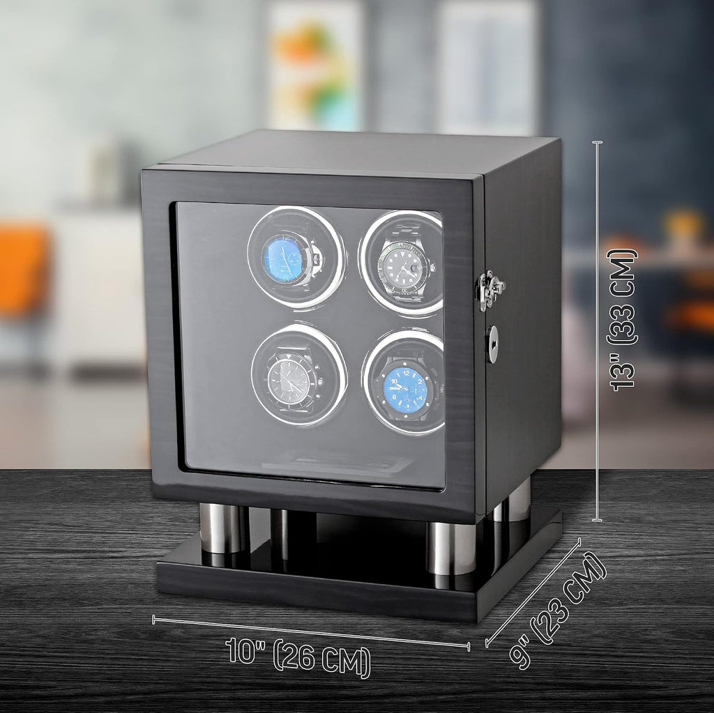 Watch Winder for 4 Watches with LED Backlight, LCD Display and Motor-Stop Option (Black & Grey)