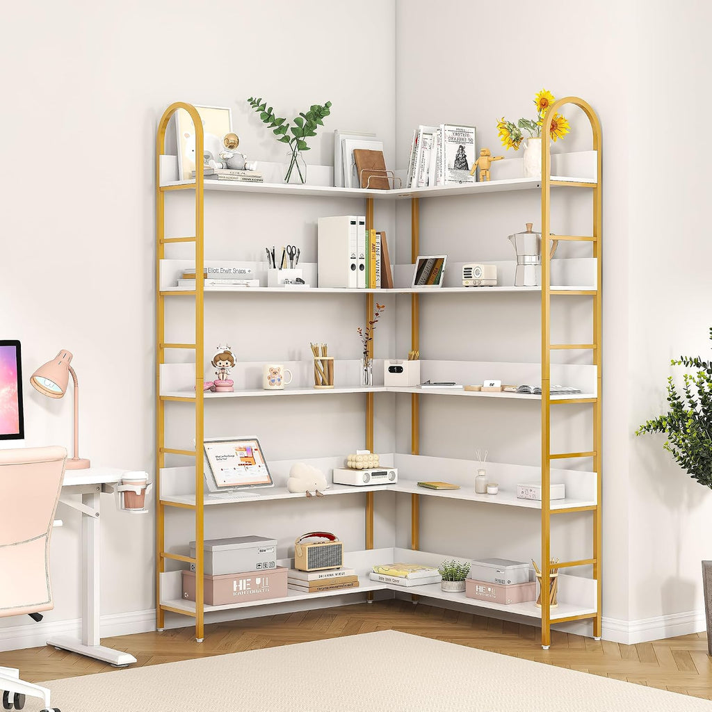 Nosepen Corner Bookshelf, 5 Tiers Tall Open Corner Etagere Bookcase Storage Organize, L-Shaped Large Corner Bookshelves, Corner Shelf Storage Display Rack with Metal Frame for Living Room Home Office