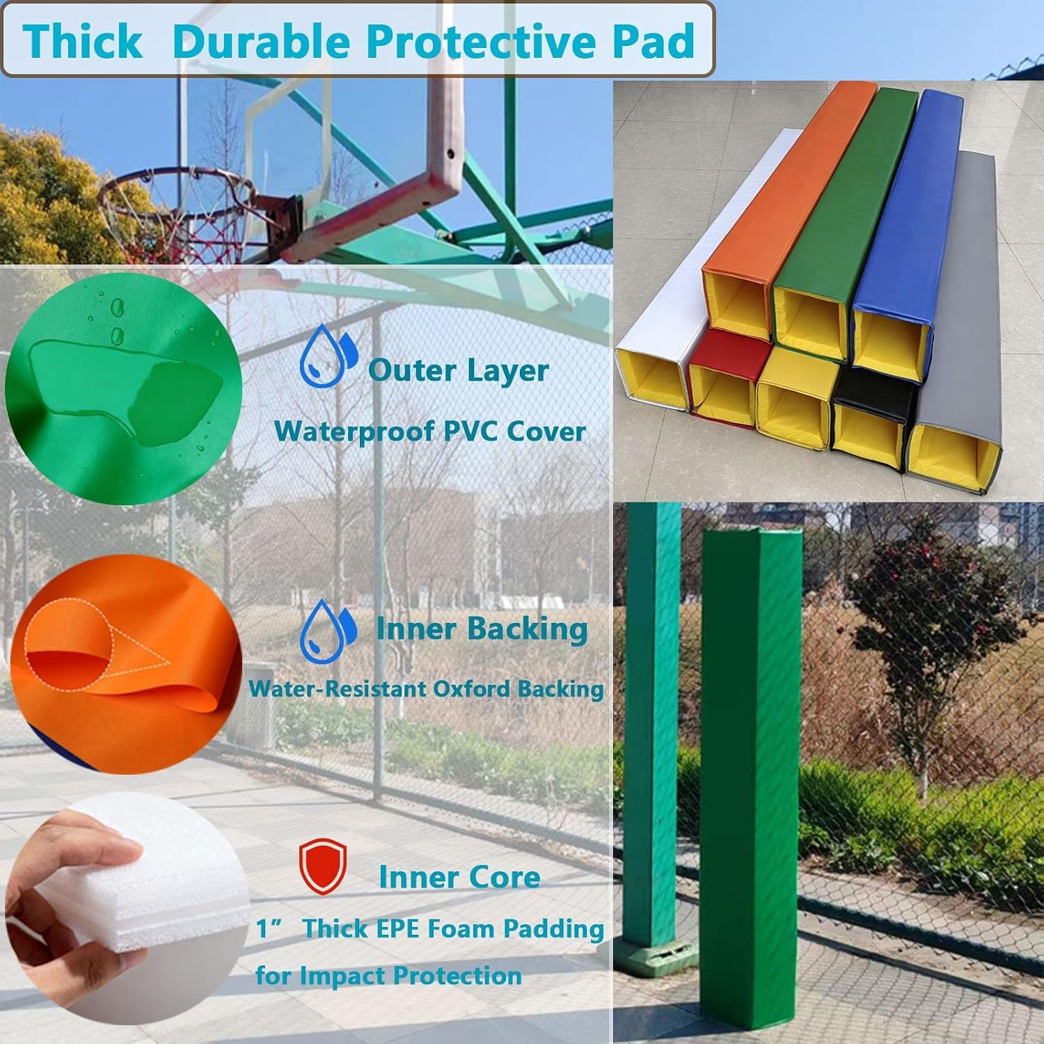 Square Basketball Pole Pad, Full Wrap-Around Foam Protection, Fits 5×5, 6×6, 8×8 & Other Common Square Posts for Outdoor Hoops