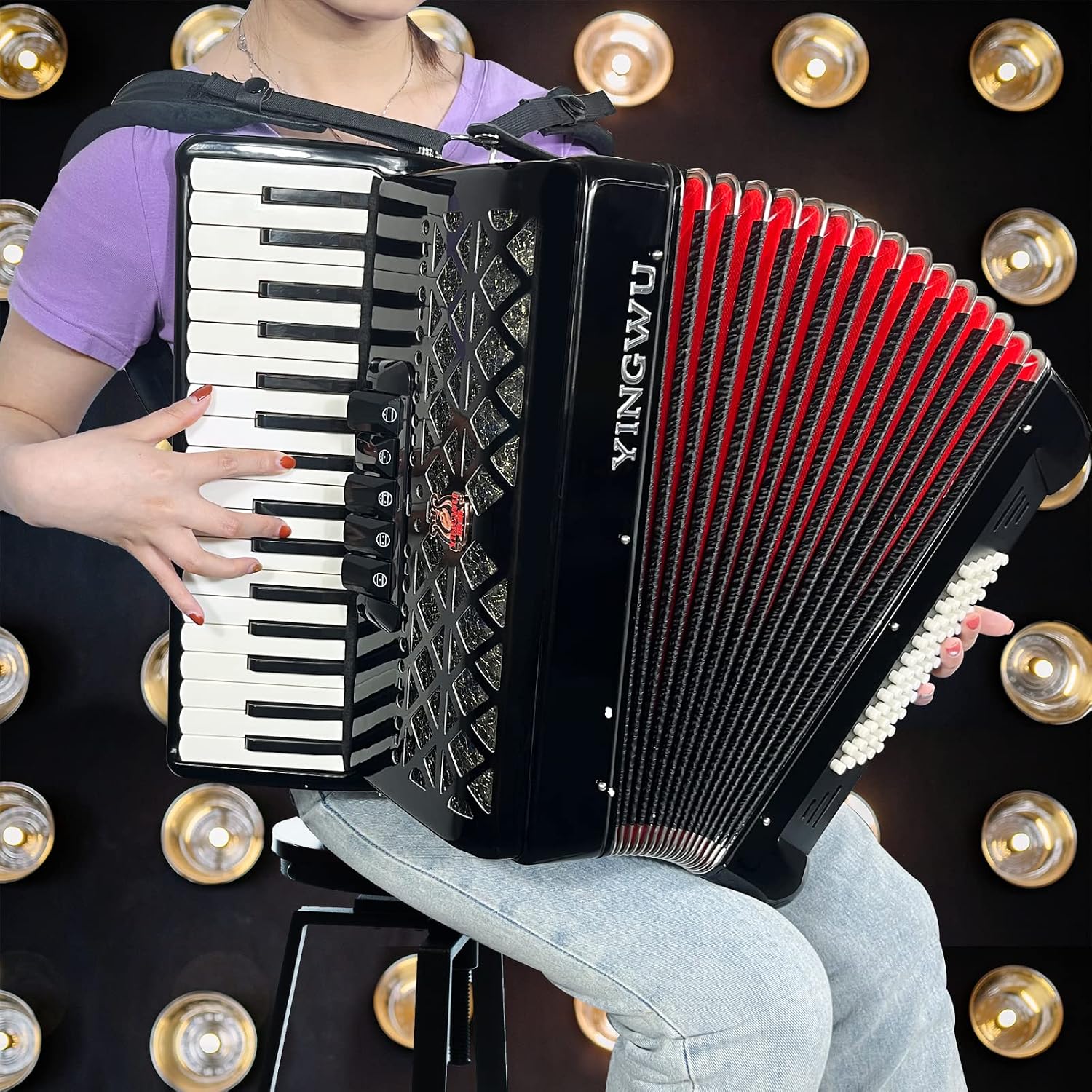 Accordion 34 keys 60 bass keys Lightweight instrument for beginners Adult with backpack Ergonomic strap Easy to play instrument (black)