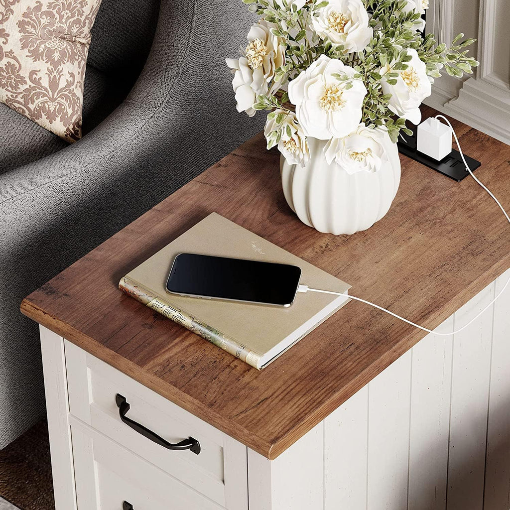 WAMPAT 2 Pack End Tables with Charging Station, White Wood Sofa Side Table with Drawer & Storage Cabinet, Modern Nightstand with Power Outlets & USB Ports for Living Room, Bedroom