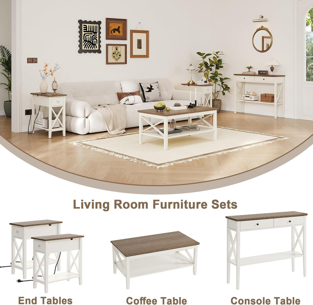 ChooChoo End Table Set of 2 with Charging Station, Narrow End Table with USB Ports and Outlets, Small Side Table Nightstand with Drawer for Living Room, Bedroom, Soft White