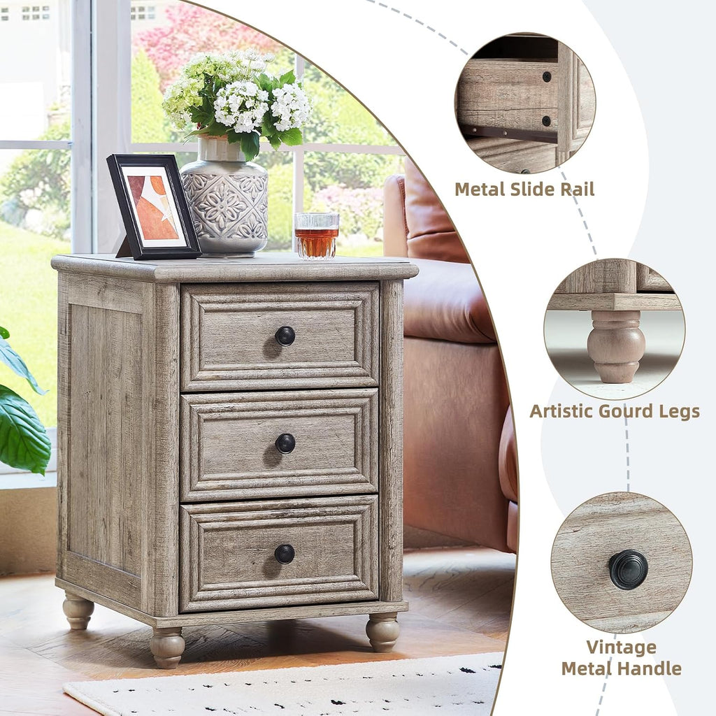 RWYHG 18' Farmhouse Night Stand Set of 2, Gray Wood Nightstand with 3 Drawers, Bedside End Table with Storage and Roman Column, Bed Side Tables Cabinet for Bedroom, Living Room, and Closet