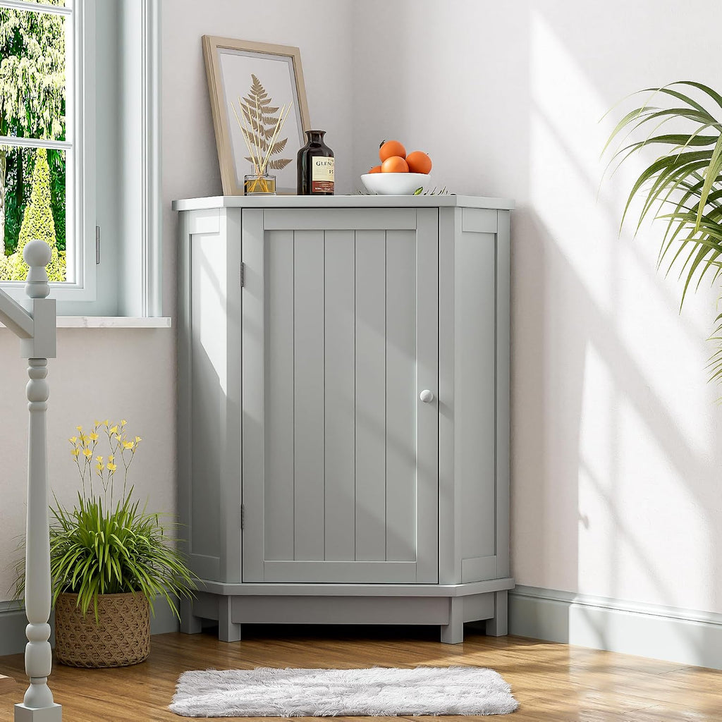 Floor Corner Cabinet with Doors and Adjustable Shelves, Freestanding Bathroom Corner Storage Cabinet for Bathroom, Living Room (1 Door, Grey)
