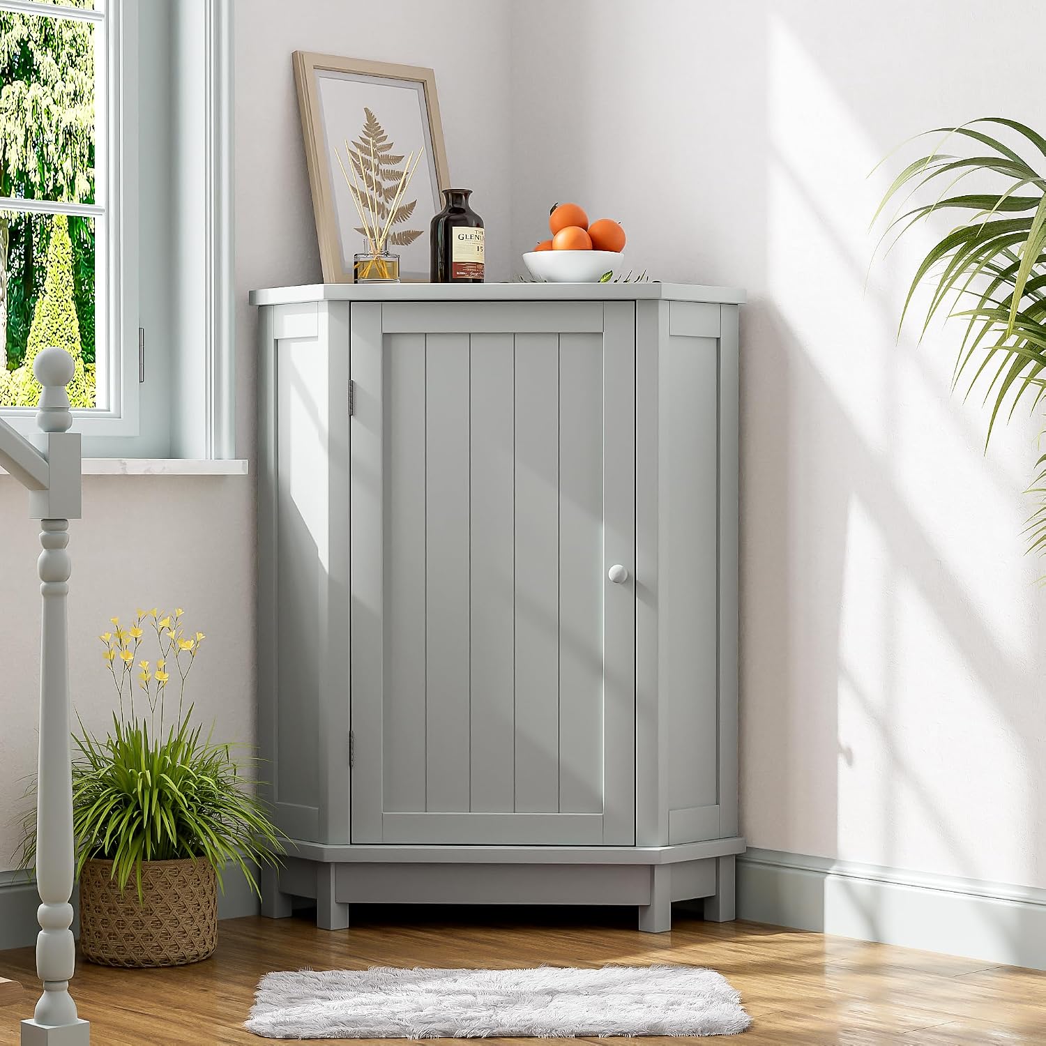 Floor Corner Cabinet with Doors and Adjustable Shelves, Freestanding Bathroom Corner Storage Cabinet for Bathroom, Living Room (1 Door, Grey)