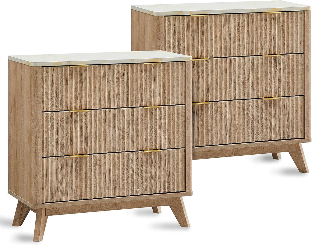T4TREAM Fluted 3 Drawers Nightstand Set of 2, Oversized Extra Large Modern Side Table with Faux Marble Top, End Table Bedside for Bedroom, Living Room, Curved Profile Design, Natural Oak