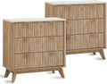 T4TREAM Fluted 3 Drawers Nightstand Set of 2, Oversized Extra Large Modern Side Table with Faux Marble Top, End Table Bedside for Bedroom, Living Room, Curved Profile Design, Natural Oak