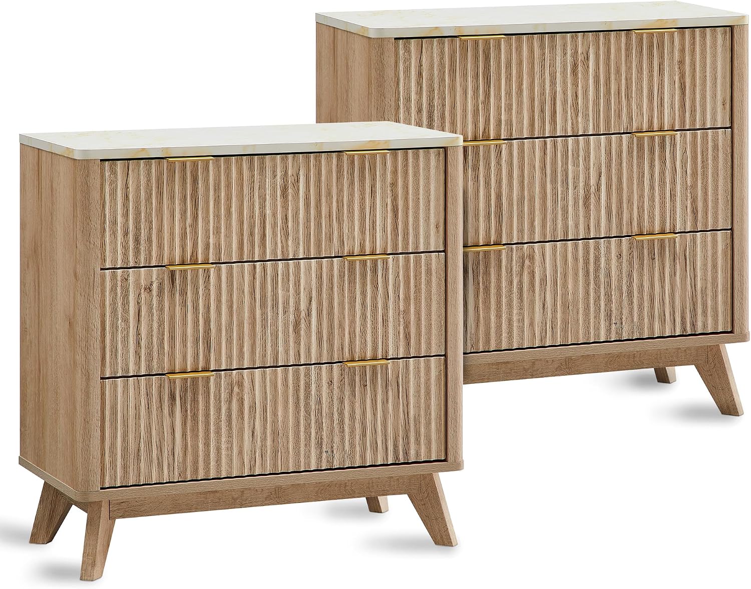 T4TREAM Fluted 3 Drawers Nightstand Set of 2, Oversized Extra Large Modern Side Table with Faux Marble Top, End Table Bedside for Bedroom, Living Room, Curved Profile Design, Natural Oak