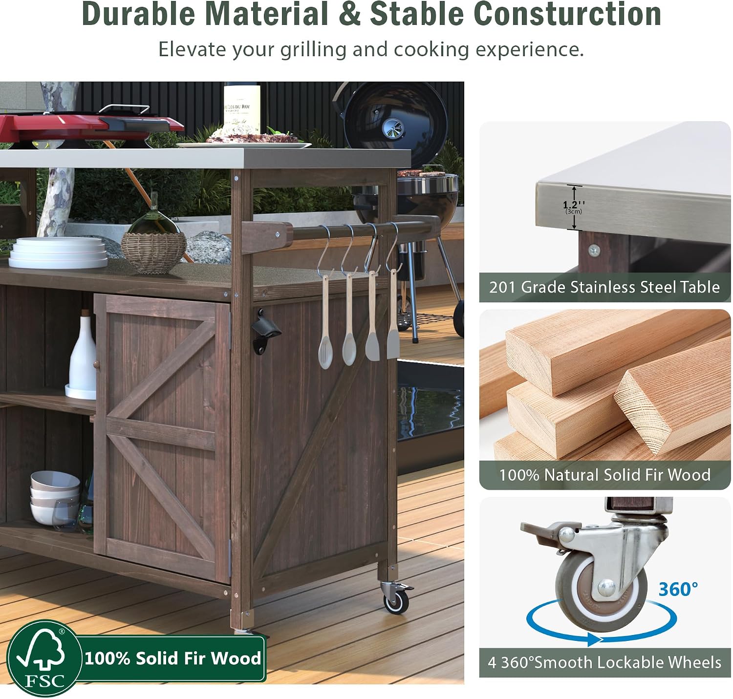 Outdoor Kitchen Rolling Bar Cart with Storage Cabinet, Farmhouse Solid Wood Outdoor Grill Table with Stainless Steel Top, Spice Rack and Towel Rack, Perfect for Barbecue Poolside Patio (Dark Brown)