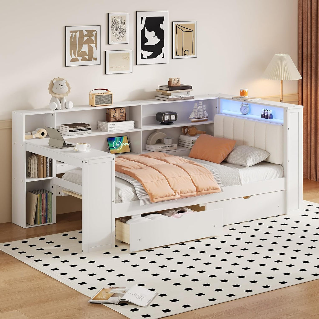 Bellemave Twin Corner Bed with Storage Shelves and Desk, Upholstered Headboard Daybed with Bookcase and Drawers，Daybed with Storage, White+Beige Cushion