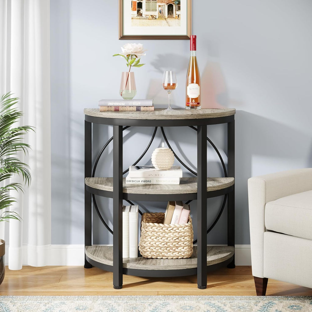 Tribesigns Half Round End Table Set of 2, 3-Tier Half Circle Side Table with Metal Frame, Industrial Half Moon Table, Half Coffee Accent Table Bedside Table for Living Room, Bedroom, Grey