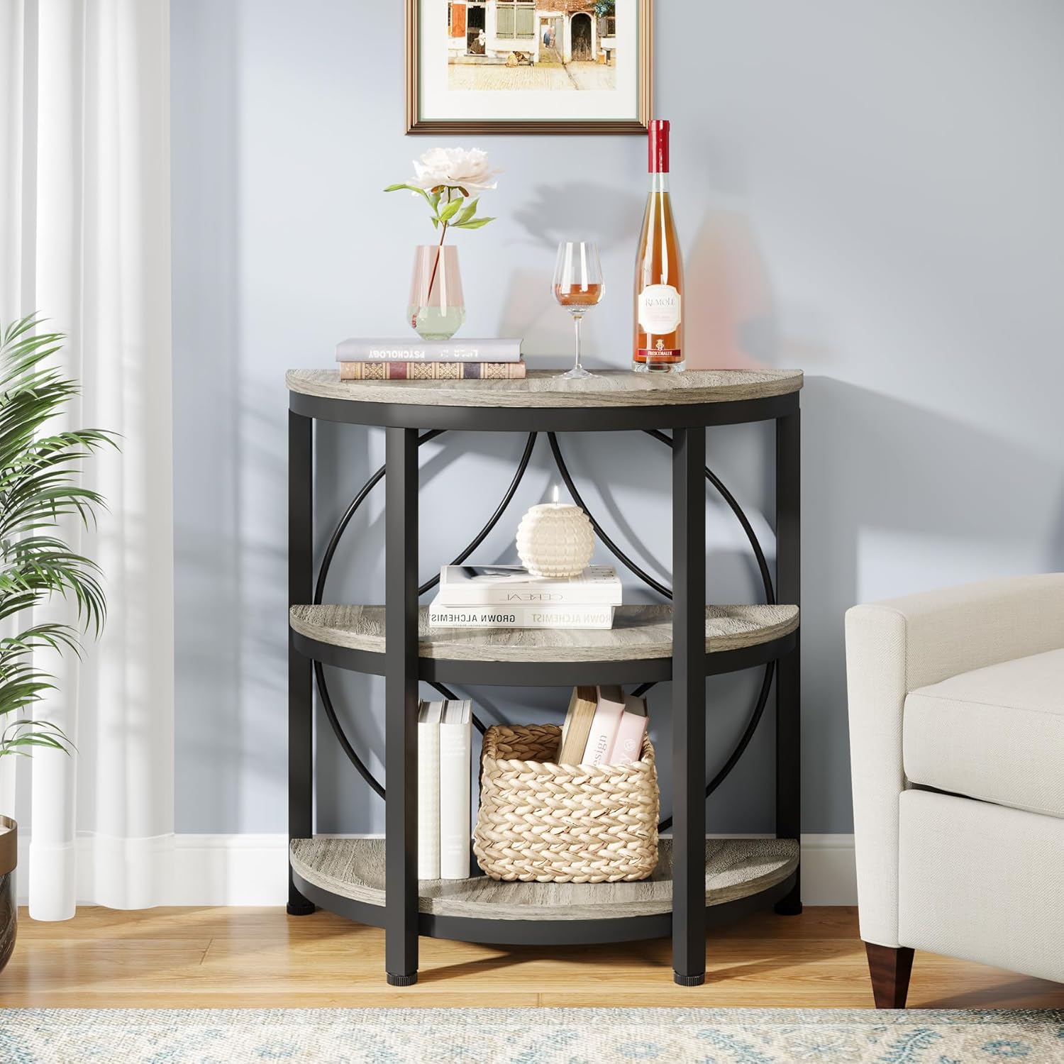 Tribesigns Half Round End Table Set of 2, 3-Tier Half Circle Side Table with Metal Frame, Industrial Half Moon Table, Half Coffee Accent Table Bedside Table for Living Room, Bedroom, Grey