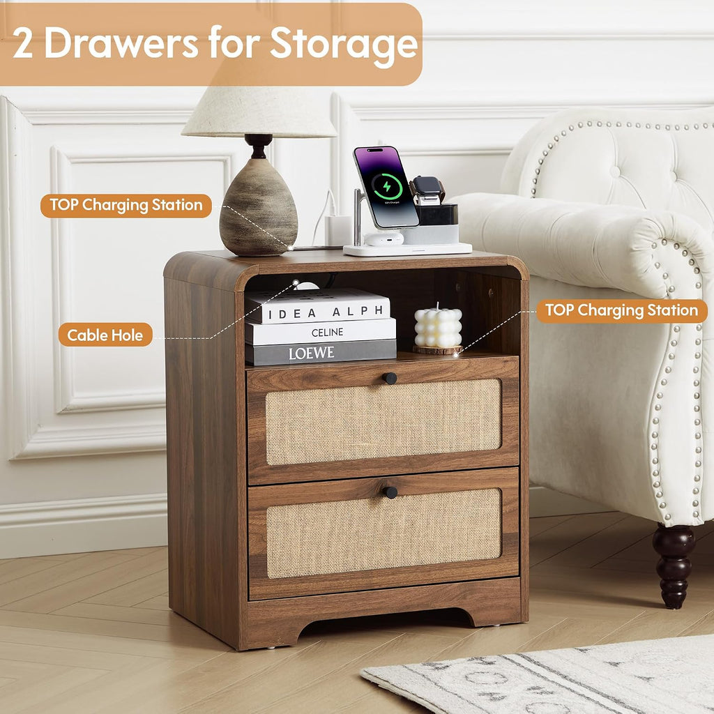 Nightstand with Drawers Set of 2, Mid-Century Living Room Wood End Table with Charging Station for Couch, Night Stand with Charger Station, Linen Decor Side Table for Bedroom