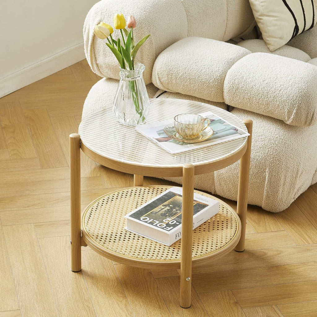 Boho Rattan Coffee Table Set of 2, Round Glass Living Room Table Set, Modern Simple 2 Tier Middle Center Table for Small Space Living Room Bedroom Office Meeting Room