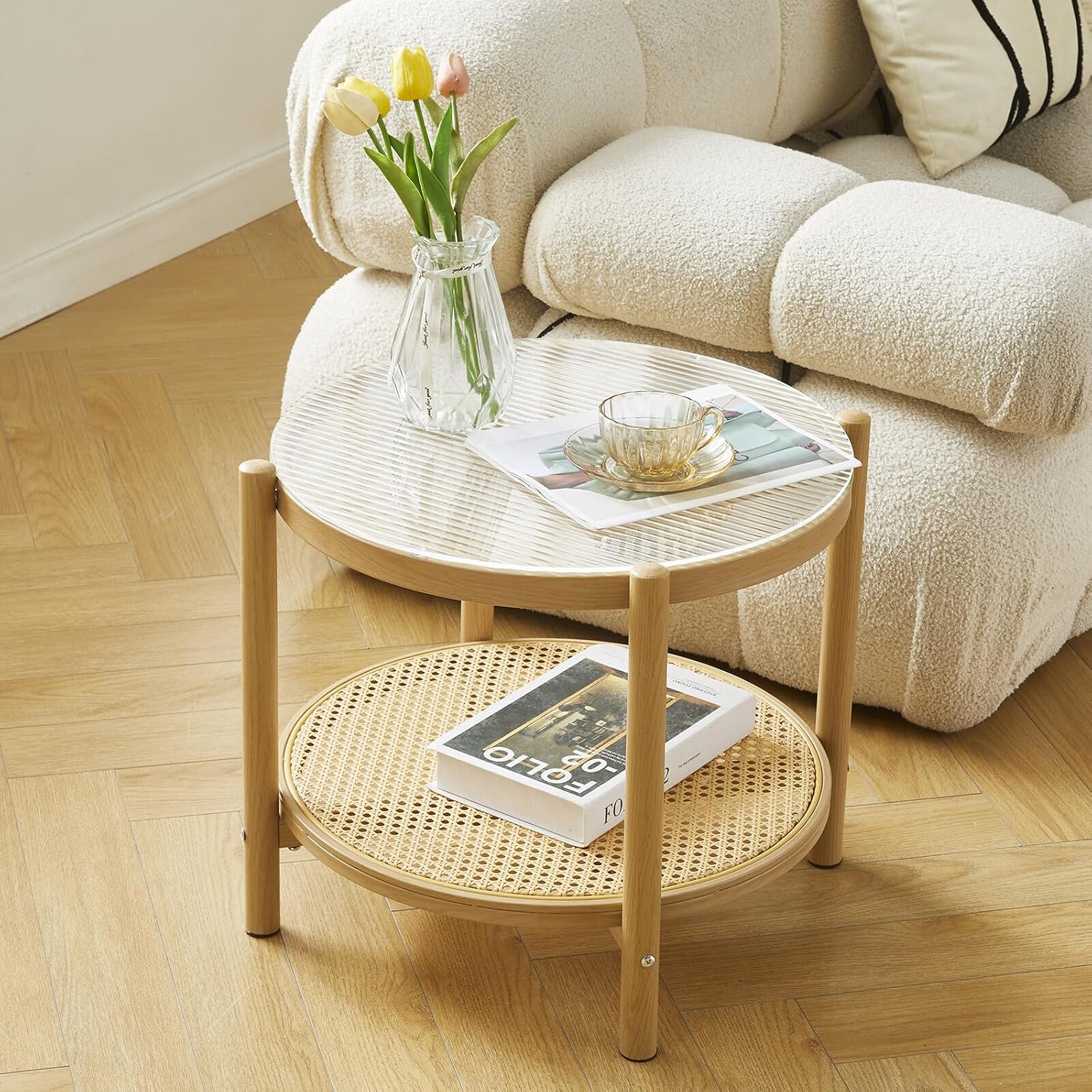 Boho Rattan Coffee Table Set of 2, Round Glass Living Room Table Set, Modern Simple 2 Tier Middle Center Table for Small Space Living Room Bedroom Office Meeting Room