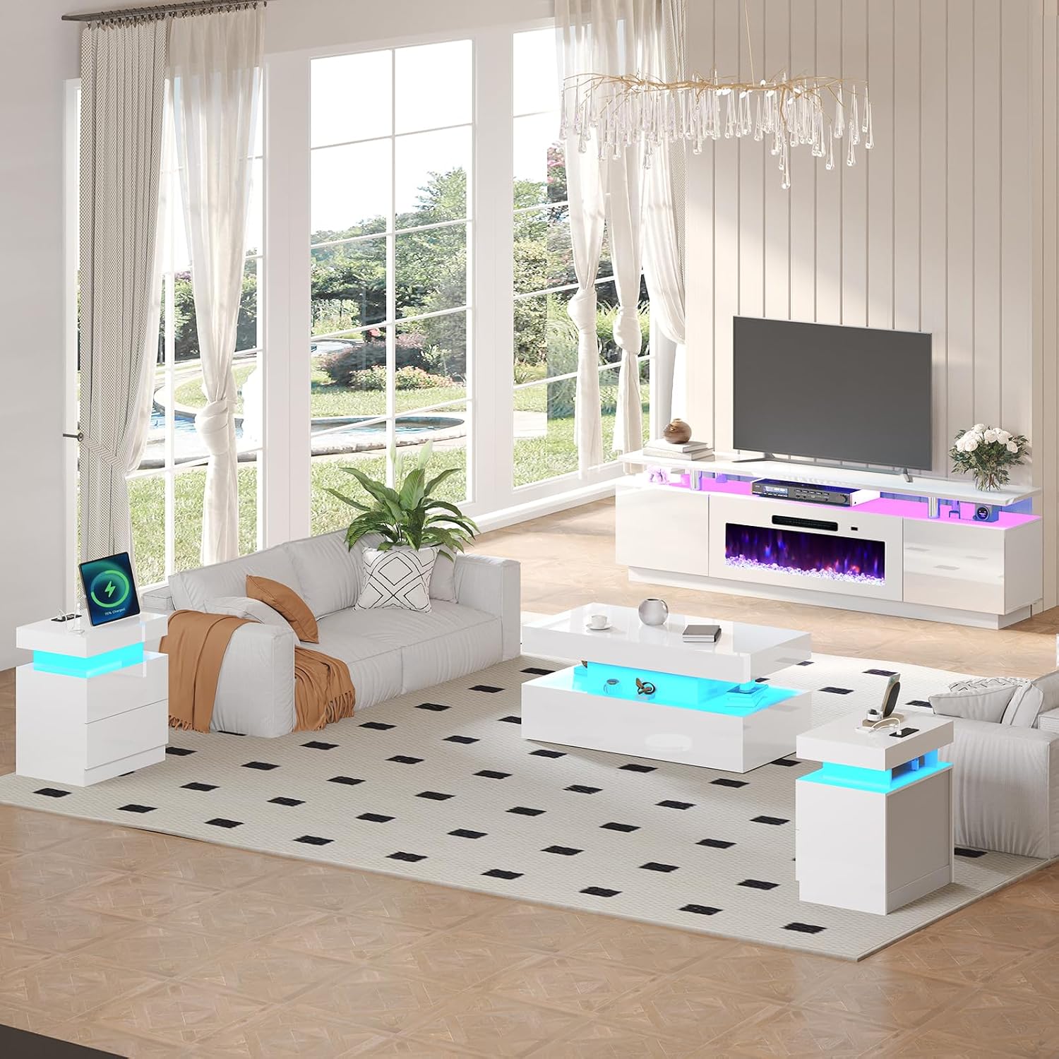 AMERLIFE 5 Piece Modern Living Room Table Set, Includes 80' Fireplace TV Stand, 2-Tier Coffee Table, 2 X Side Tables with Charging Station, LED Media Furniture, White