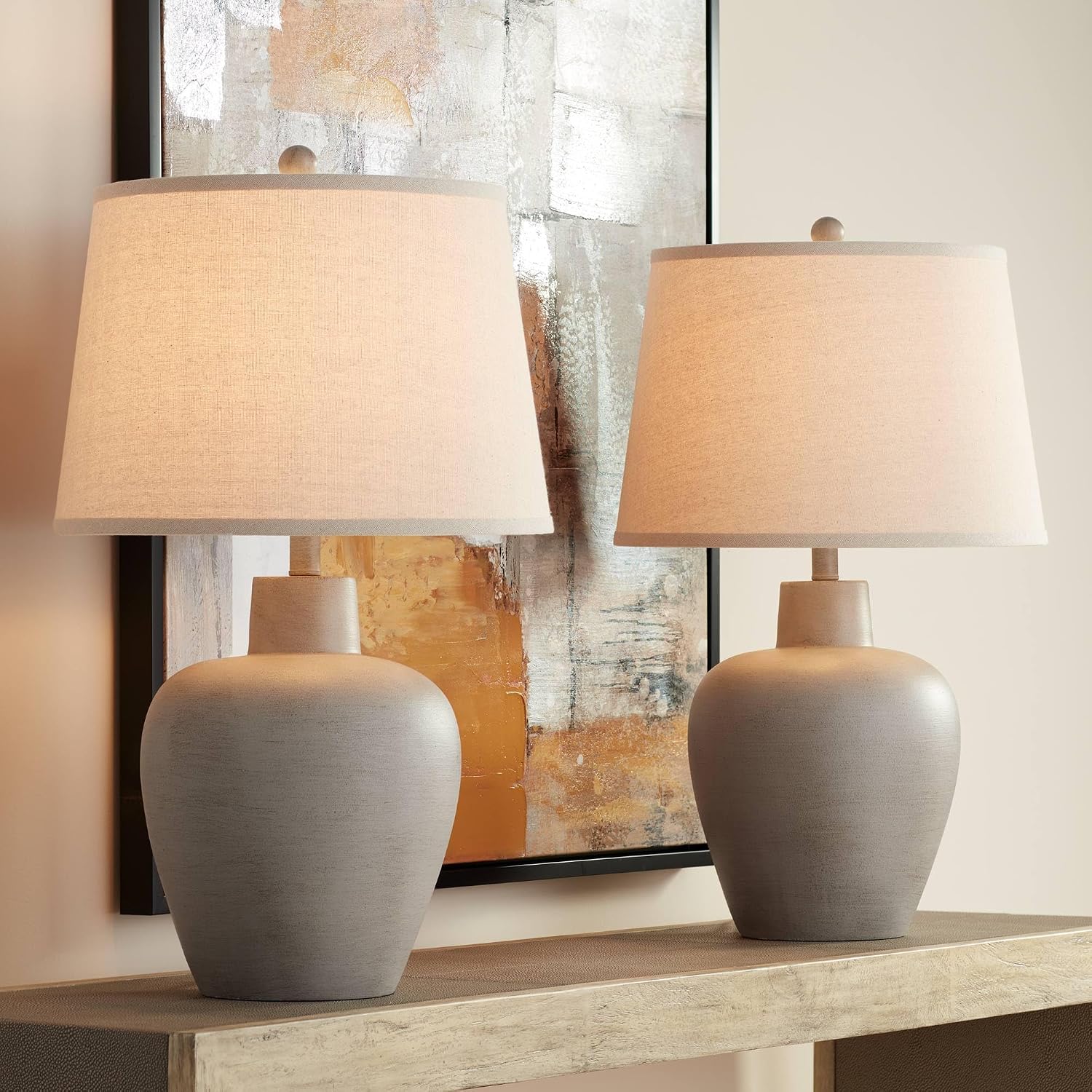 Regency Hill Glenn 27' Tall Urn Natural Cottage Southwestern Table Lamps Set of 2 with Smart Sockets Gray Terra Cotta Living Room Bedroom Bedside Nightstand House Office Home Reading Beige Shade