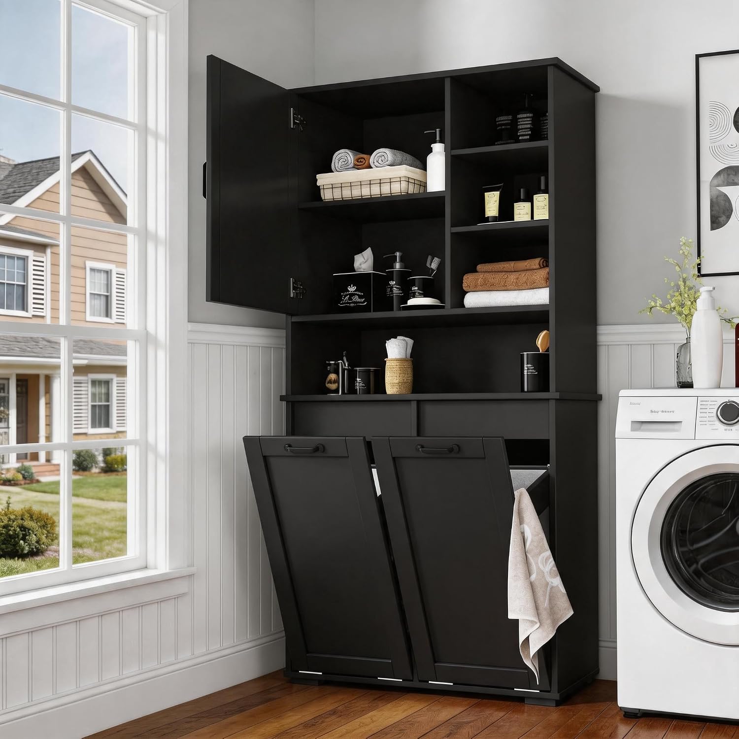 Bathroom Storage Cabinet with 2 Tilt-Out Bins, Freestanding | Particle board, MDF, melamine finish, 2 tilt-out bins, adjustable shelf, open shelves, bathroom, 31.5 W x 15.75 D x 63 H in