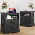 Fluest 24' Tall Farmhouse Nightstands Set of 2, Night Stands with Fast Charging Station, Beside Tables with Drawers and Open Storage, Rustic End Tables for Bedroom, Antique Black