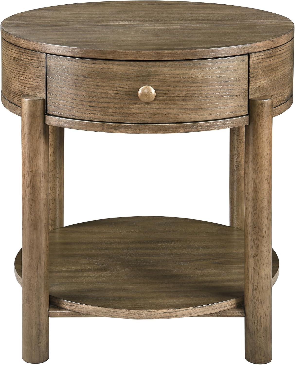 Solid Wood 24' Round End Table with Drawer, 2-Tier Small Sofa Side Table with Open Storage Oak Wood Accent Corner Table Modern Nightstand with Shelf for Living Room Bedroom Office, Brown, 24x25.16in