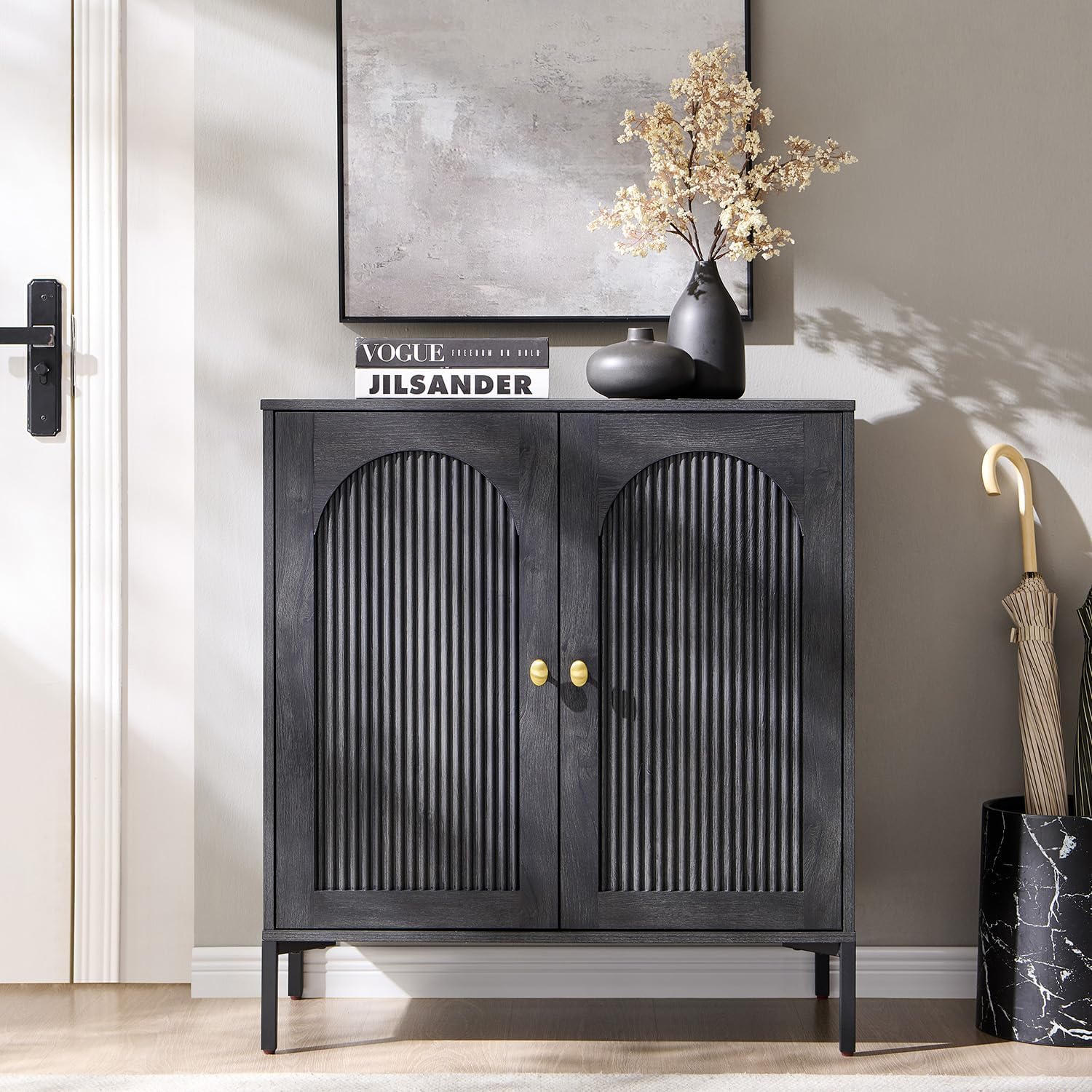 IFGET Modern Buffet Cabinet with Storage, 34' Tall Fluted Arched Sideboard Cabinet w/Adjustable Shelves, Wooden Modular Coffee Bar for Dining Room, Kitchen, Living Room, Entryway, Dark Grey