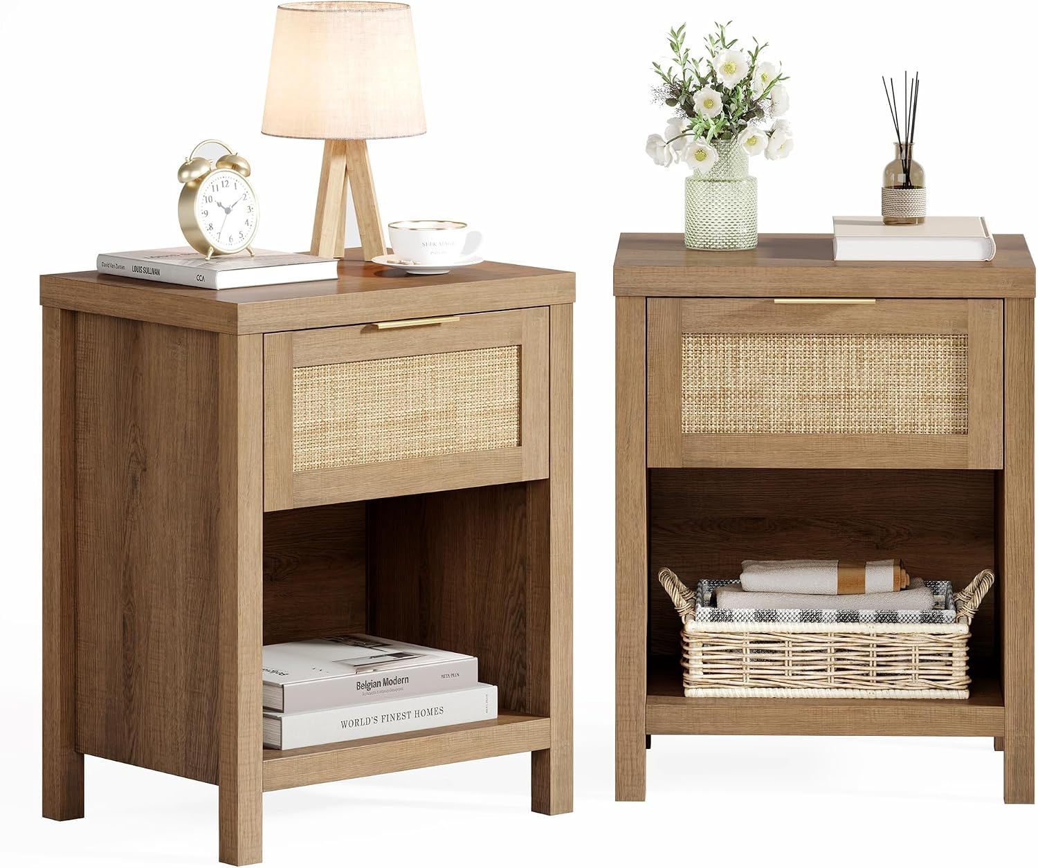 Eclatara Rattan Nightstand Set 2: Boho End Table with Drawer and Storage Shelf, Farmhouse Cane Accent Bedside Night Stands for Bedroom Small Space Sofa (2, Caramel Oak)
