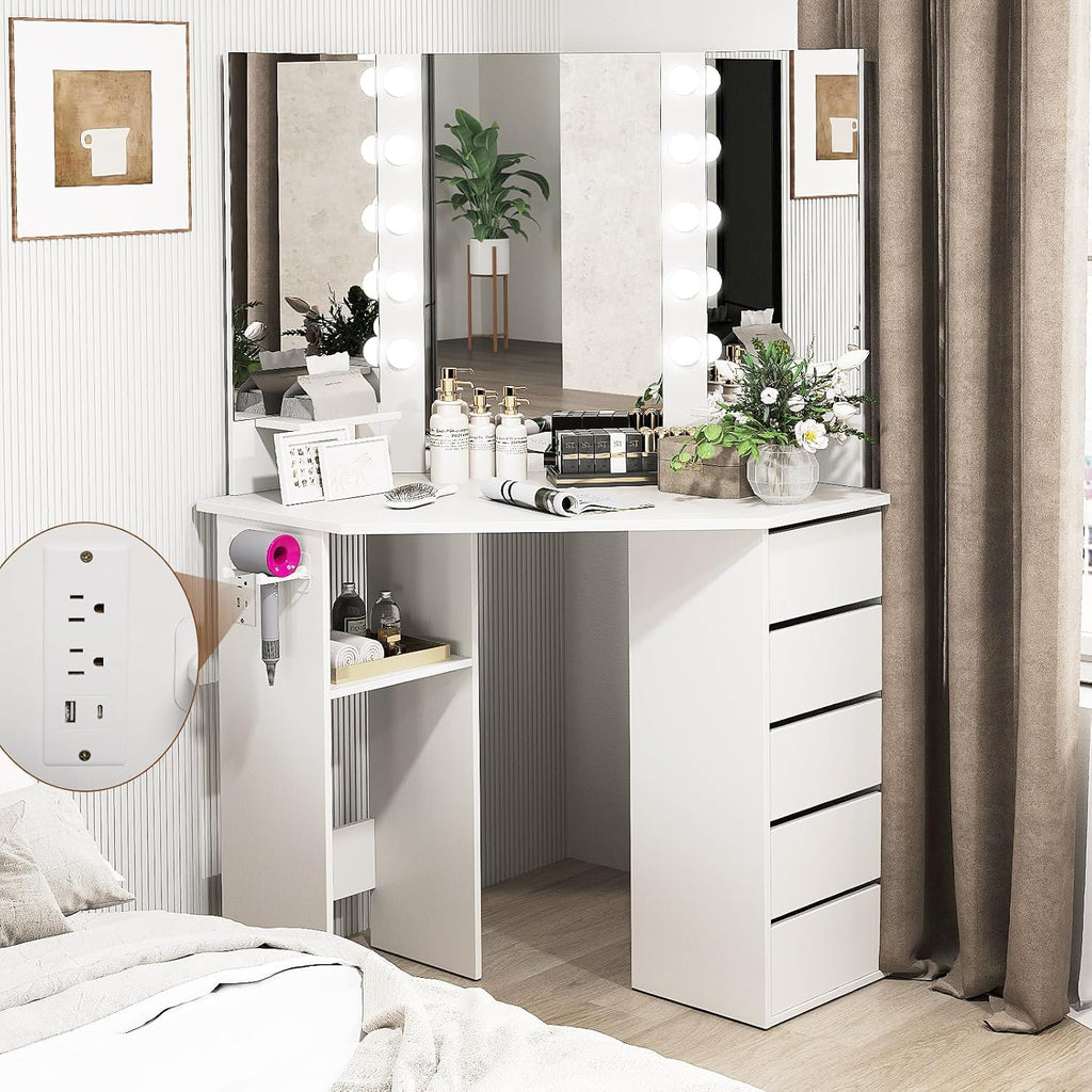 NAFORT Corner Vanity Desk with Mirror and LED Lights, Vanity Table with 5 Storage Drawer SND Shelf, Dressing Table with Power Outlet and Hair Dryer Holder, 3 Lighting Modes Triple Mirror, White