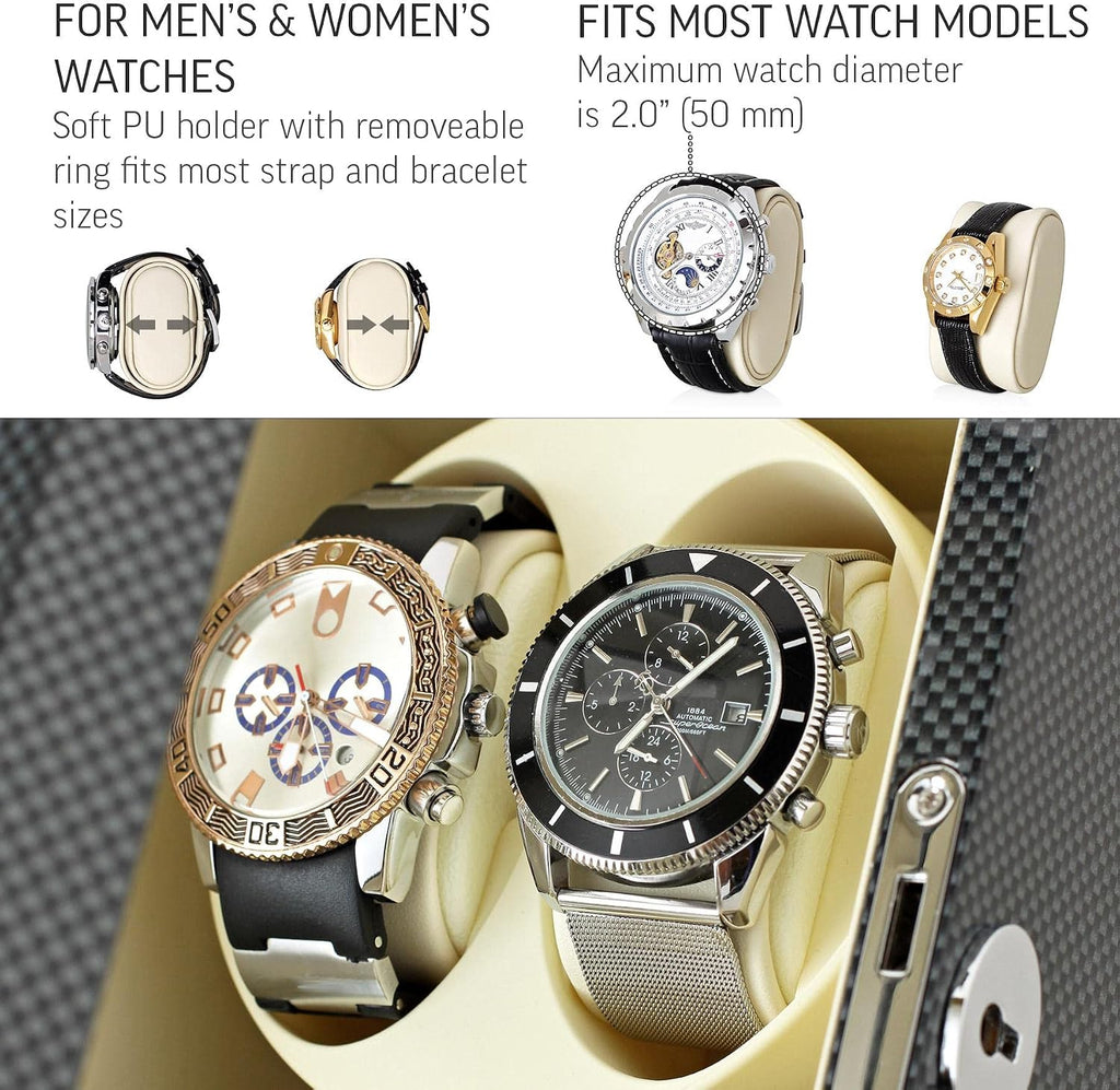 Watch Winder for 2 Watches with LED Backlight, LCD Display and Motor-Stop Option