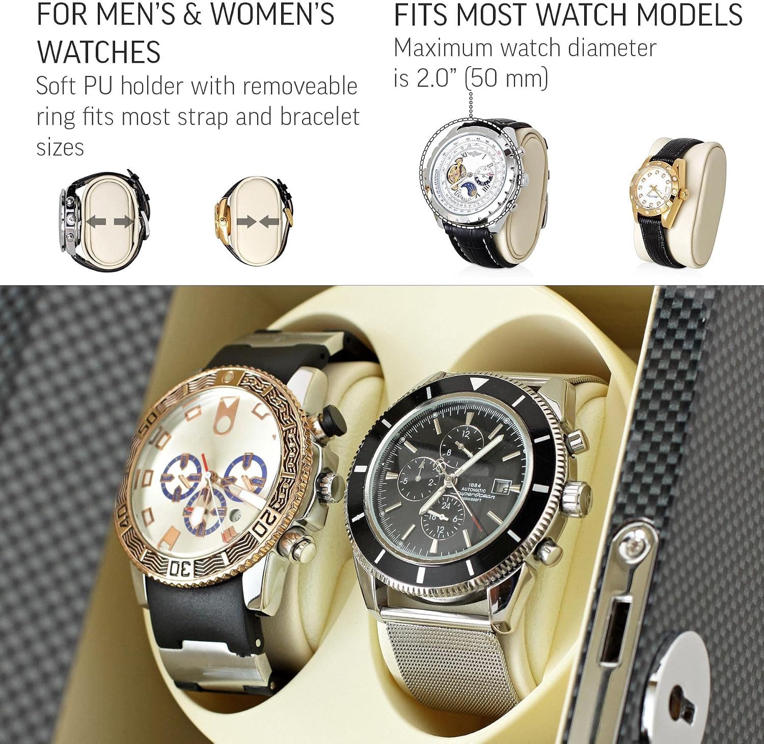 Watch Winder for 2 Watches with LED Backlight, LCD Display and Motor-Stop Option