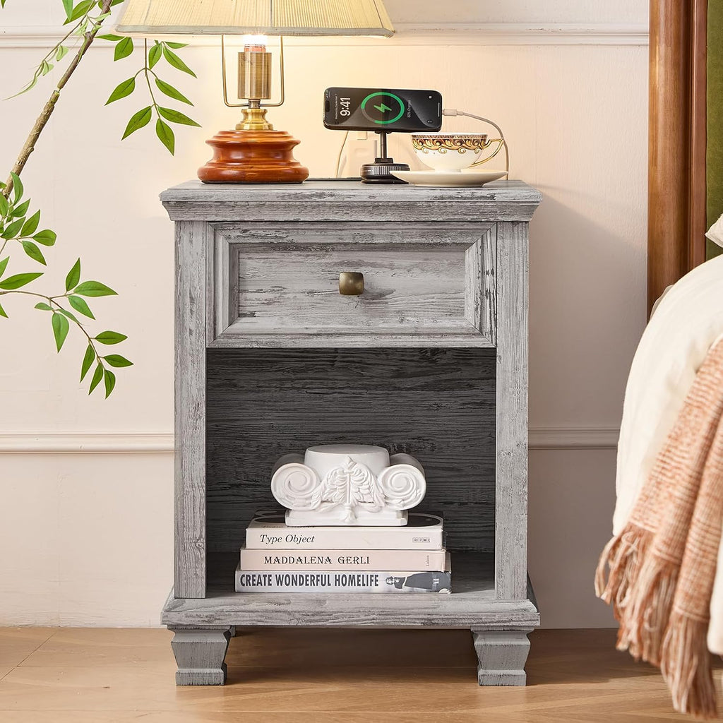 SAVOR LIFE Farmhouse Night Stand Set of 2, Rustic Wood Nightstand with 1 Drawer, Bedside Table with Open Shelf for Bed Room, End Table for Living Room, Grey