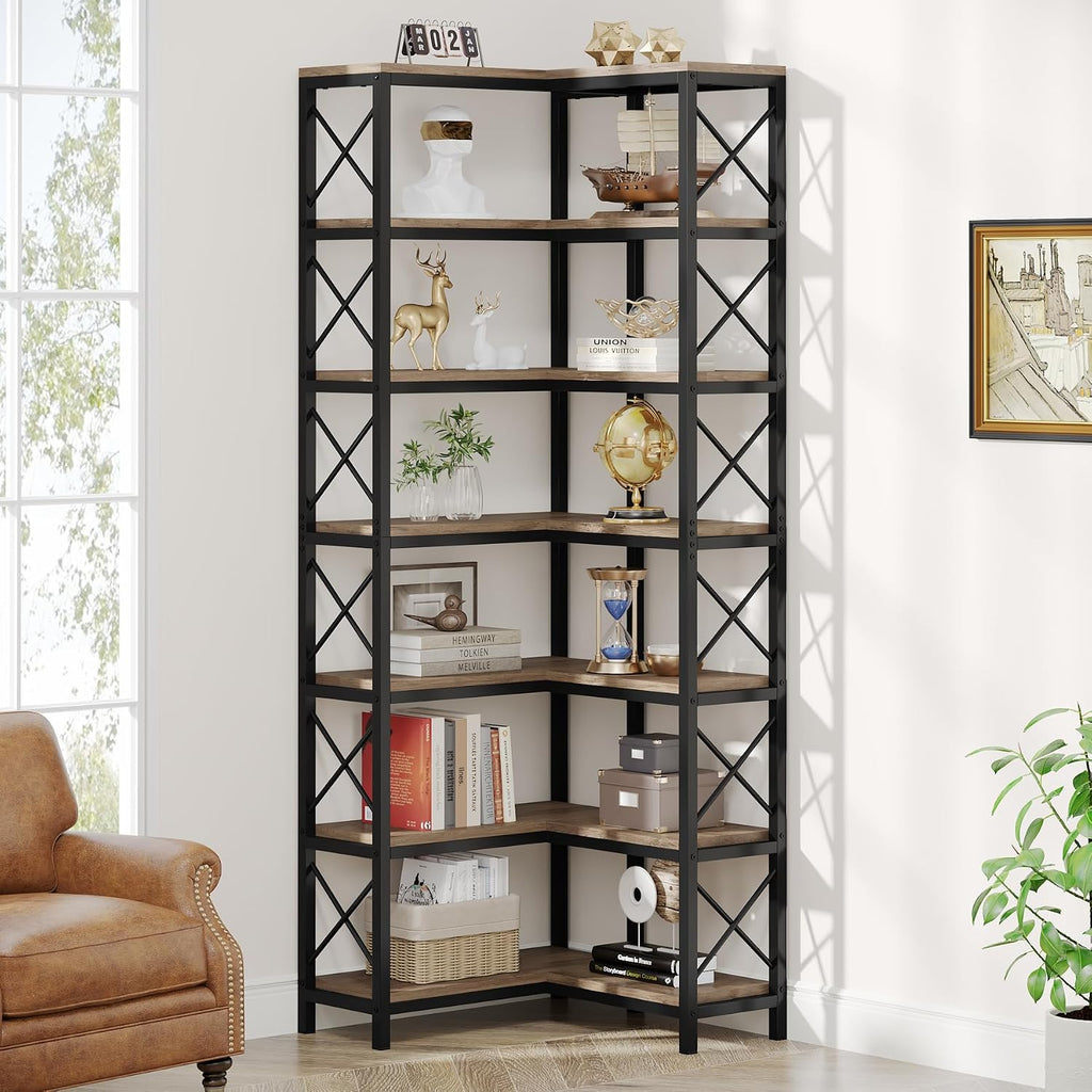 Tribesigns 7-Tier Corner Bookcase, Industrial Large Corner Bookshelf, 7-Shelf Tall Corner Shelf Storage Display Rack with Metal Frame for Living Room Home Office, Grey