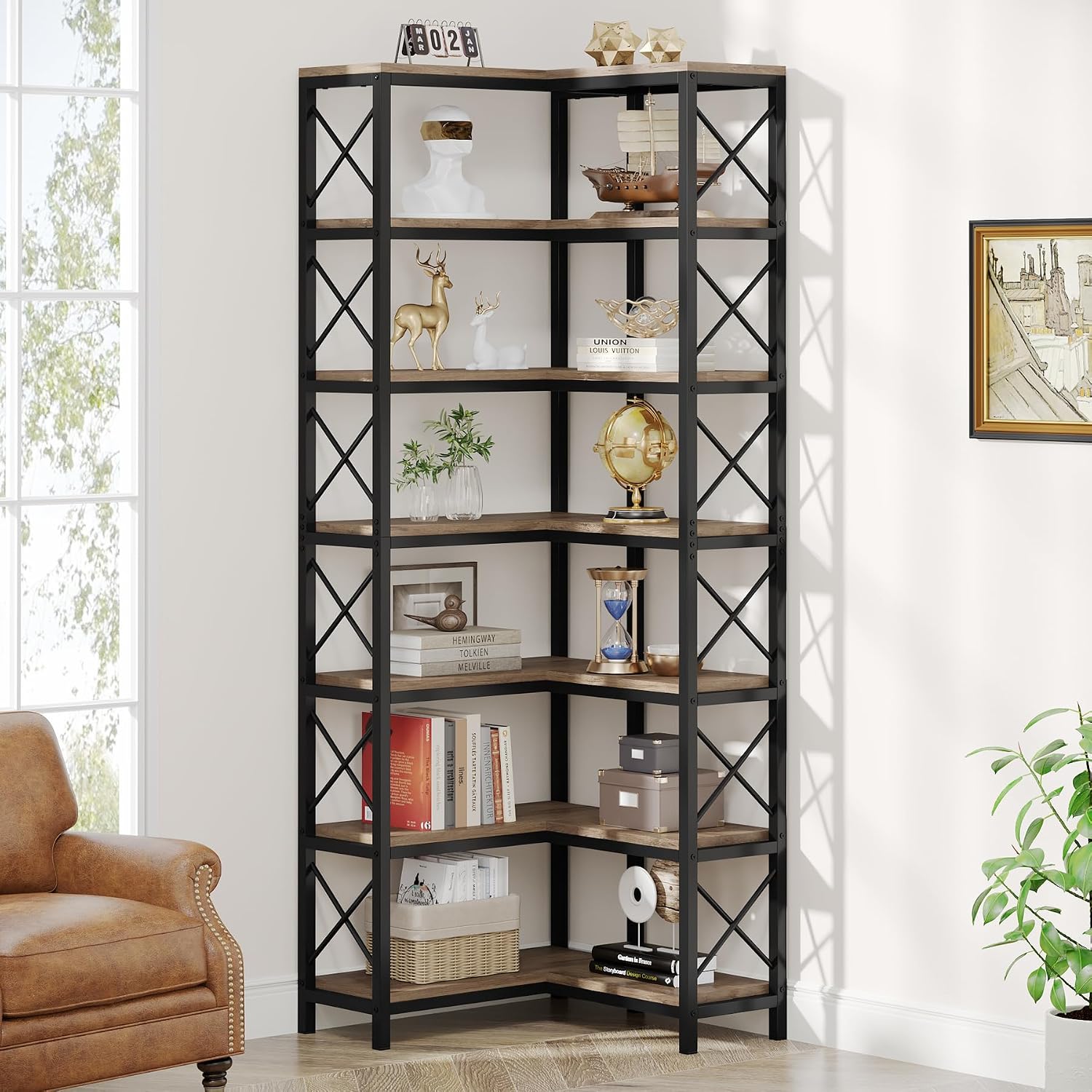 Tribesigns 7-Tier Corner Bookcase, Industrial Large Corner Bookshelf, 7-Shelf Tall Corner Shelf Storage Display Rack with Metal Frame for Living Room Home Office, Grey